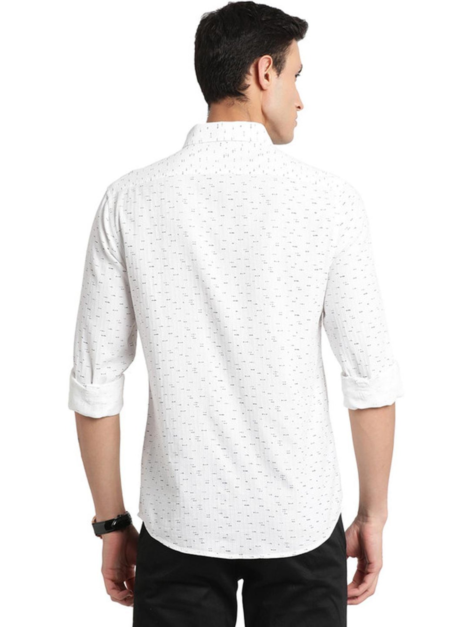 Turtle Pearl White Cotton Slim Fit Printed Shirt