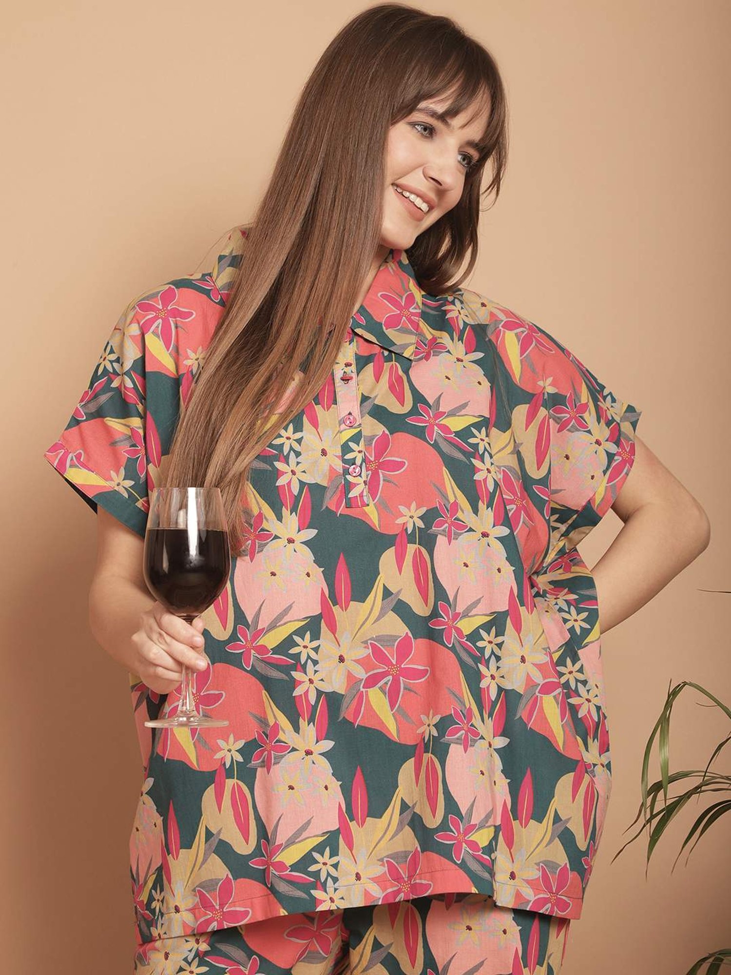 Kanvin Pink & Green Cotton Printed Shirt Pyjamas Set