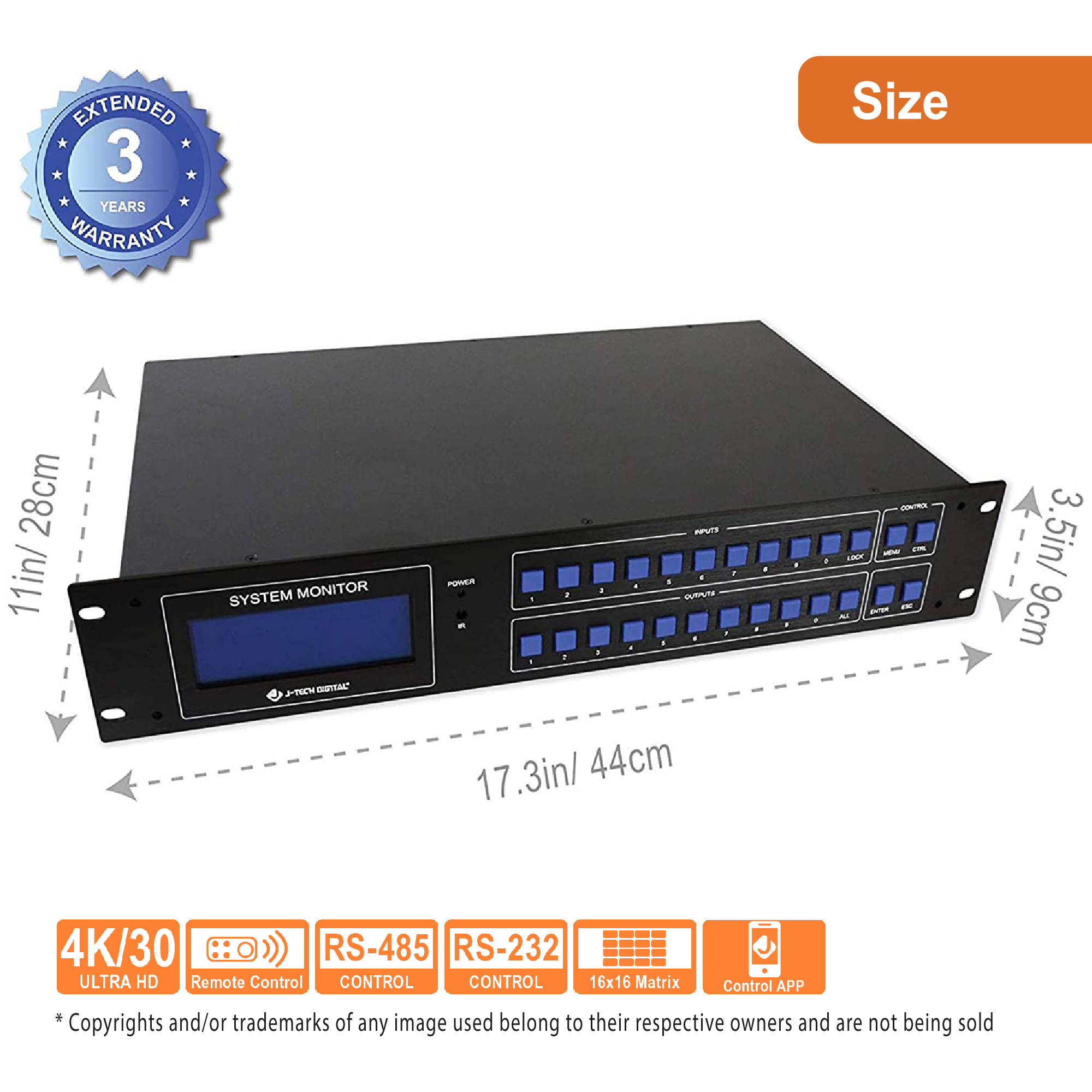 J-Tech Digital 16x16 HDMI Matrix Switcher UHD 4K@30Hz, 16 Sources/16 Displays, EDID, RS-232, HDCP 1.4 Compliant, Supports DTS, Dolby Digital, PCM, Control 4 RS232&IP Driver Available [JTECH-MX445-UHD]