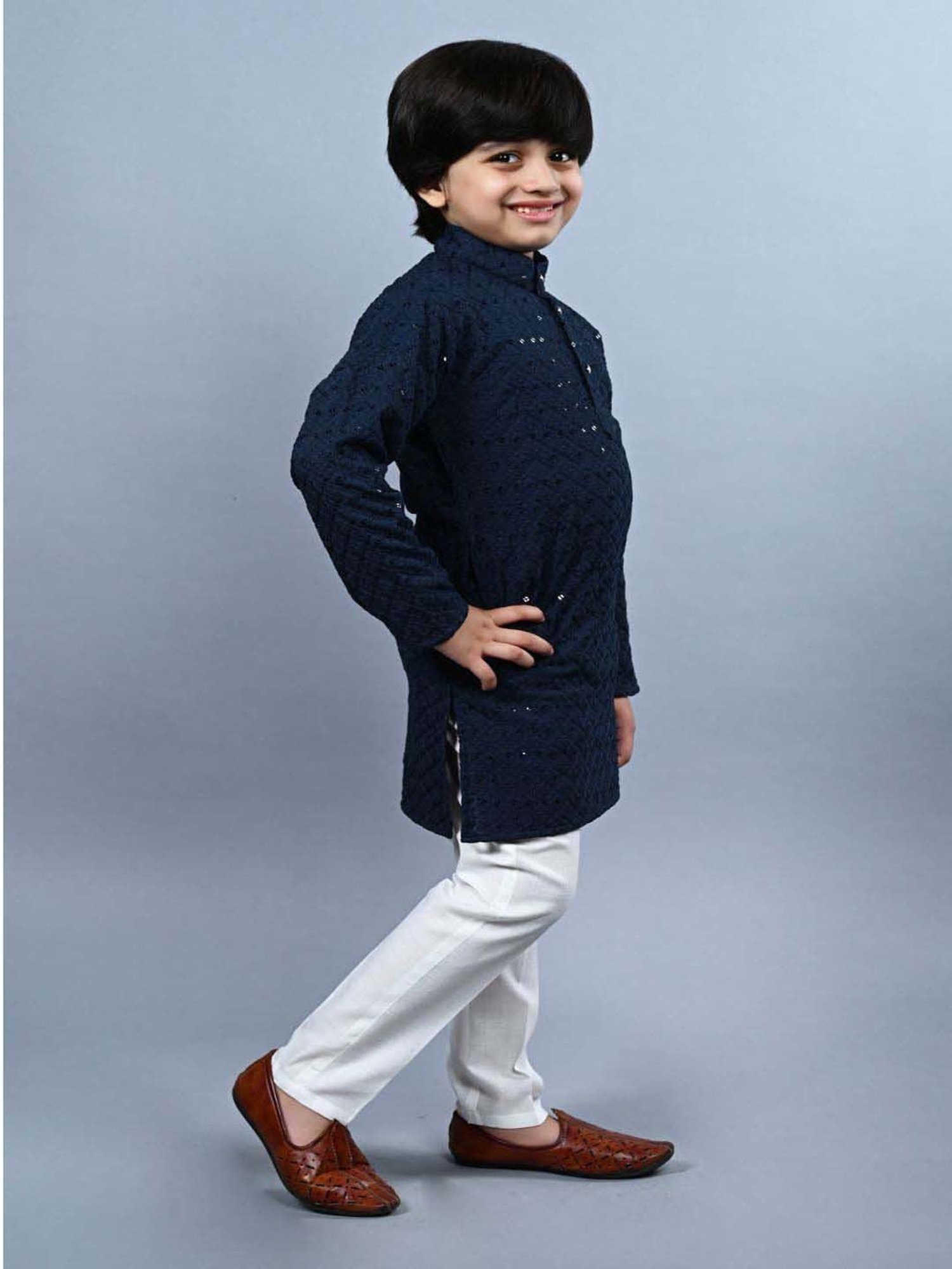 Ahhaaaa Kids Grey & White Cotton Embellished Full Sleeves Kurta Set