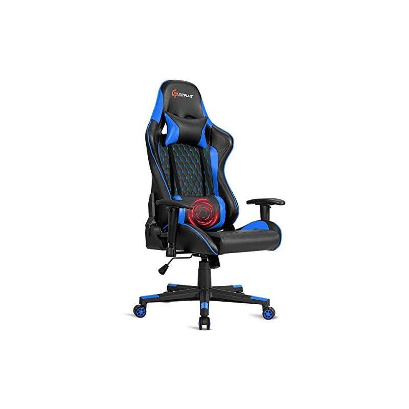 Massage Gaming Chair, Reclining Backrest Handrails and Seat Height Adjustment Racing Computer Office Chair, Ergonomic High Back Embroidered PU Swivel Game Chair with Headrest and Lumbar Cushion