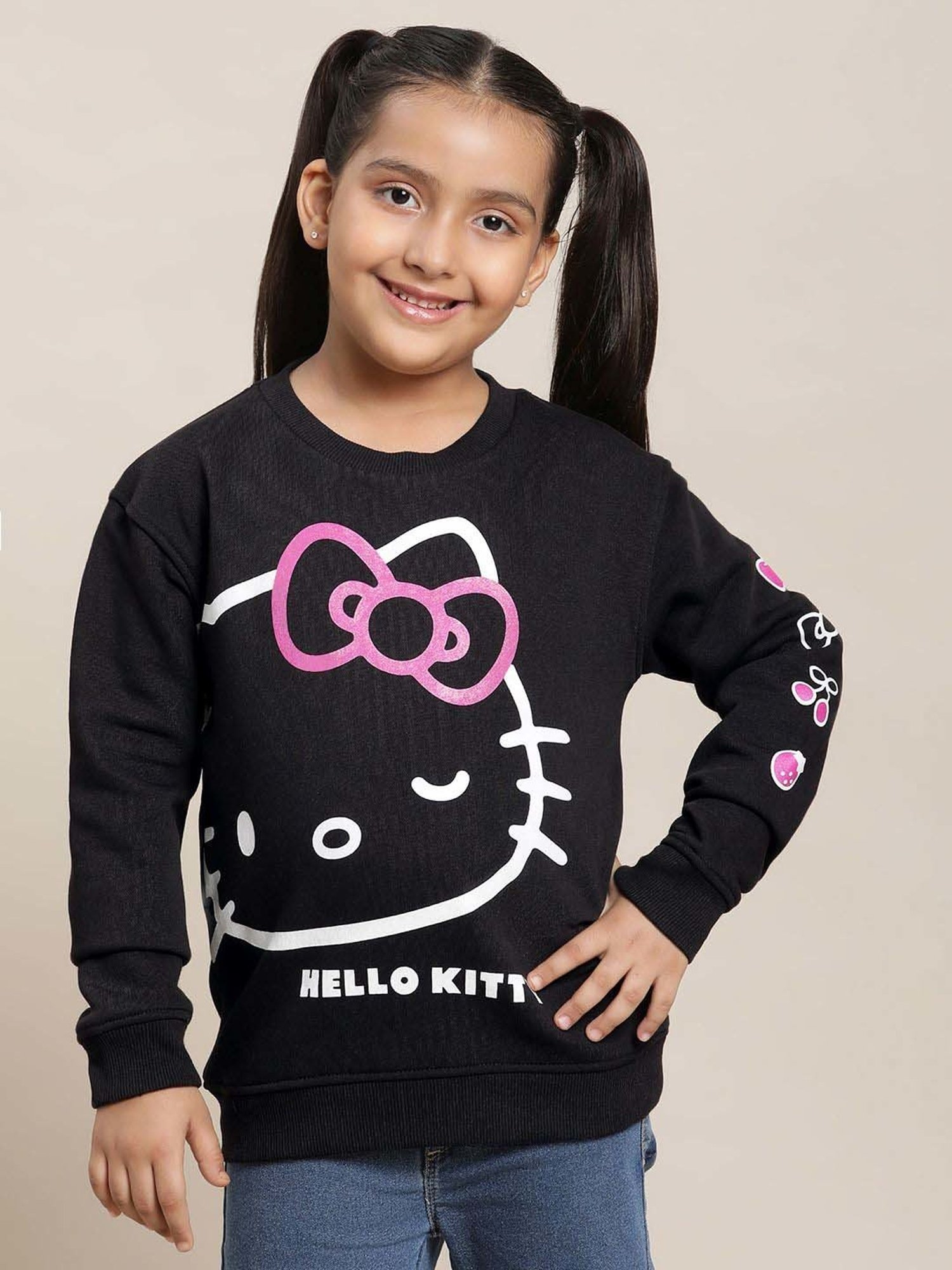 Kidsville Black Cotton Printed Full Sleeves Hello Kitty Sweatshirt