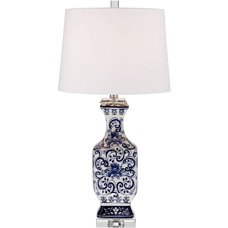 Barnes and Ivy Asian Table Lamps Set of 2 Porcelain Blue Floral Jar Geneva White Drum Shade for Living Room Family Bedroom Bedside