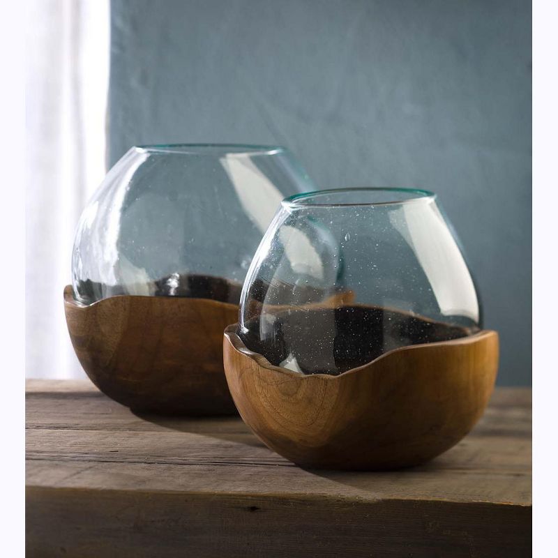 VivaTerra Blown Glass Vase with Teak Base, Set of 2