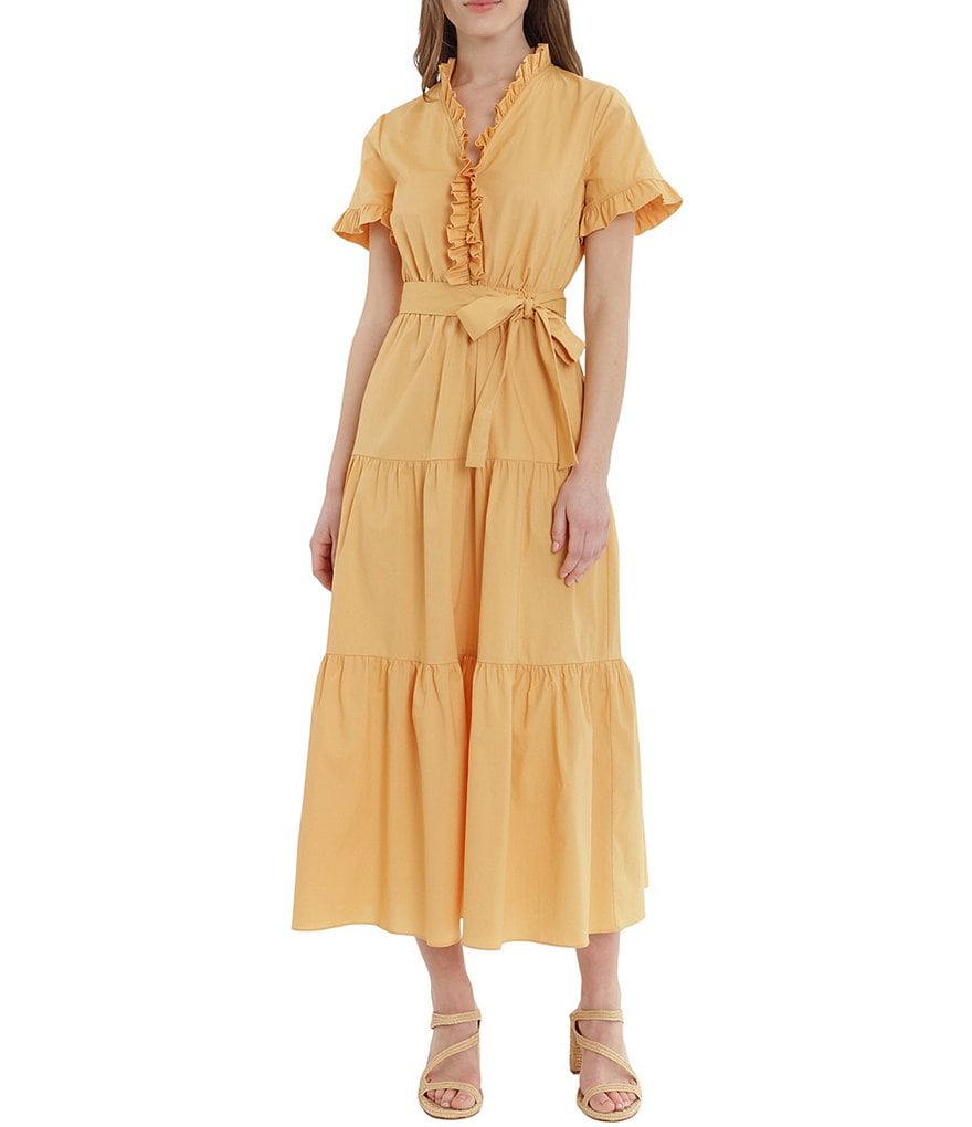 Donna Morgan Ruffle Tiered Cotton Poplin Short Sleeve Maxi Dress