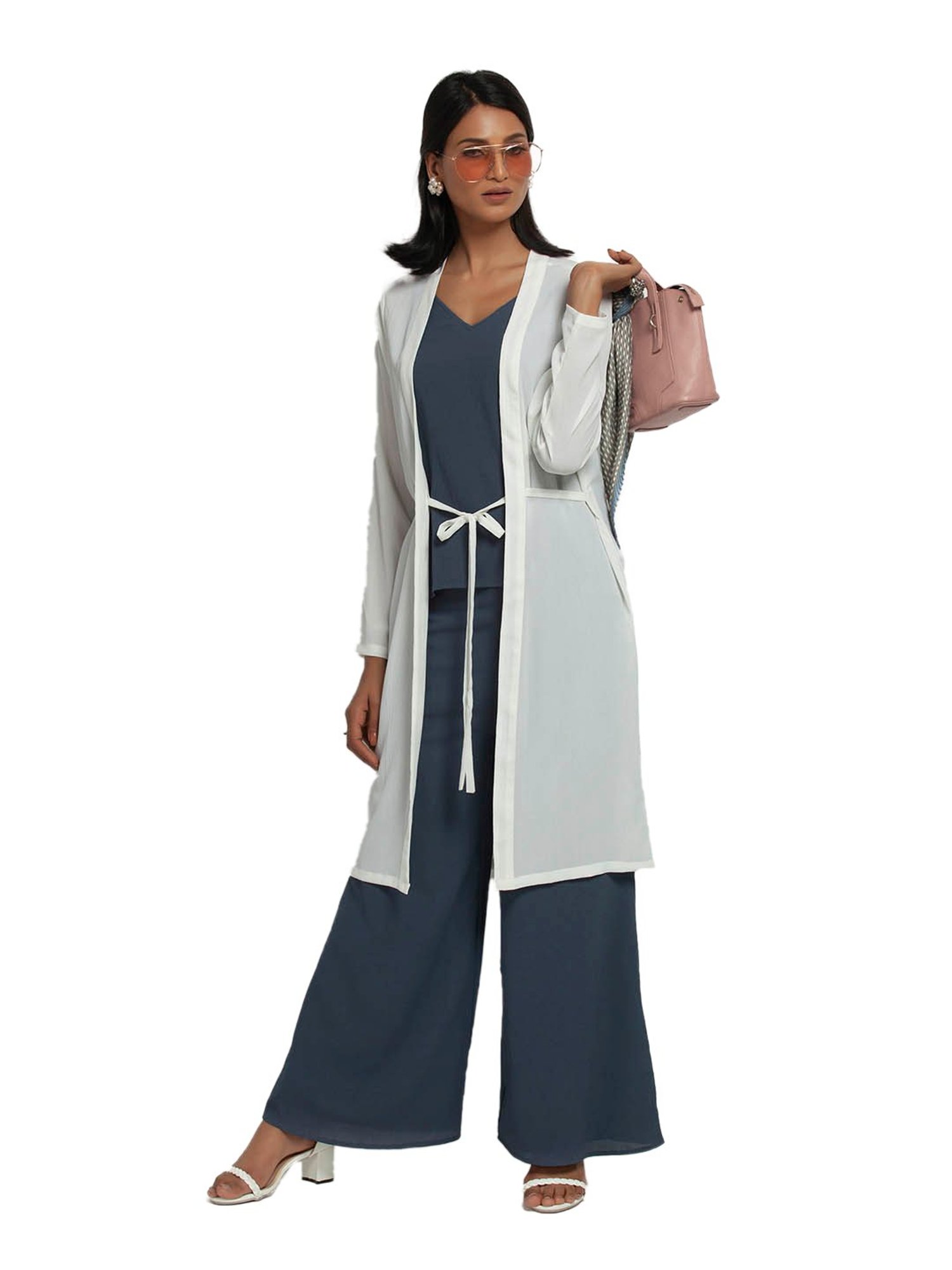 Office & You White Full Sleeves Jacket With Tie Knot