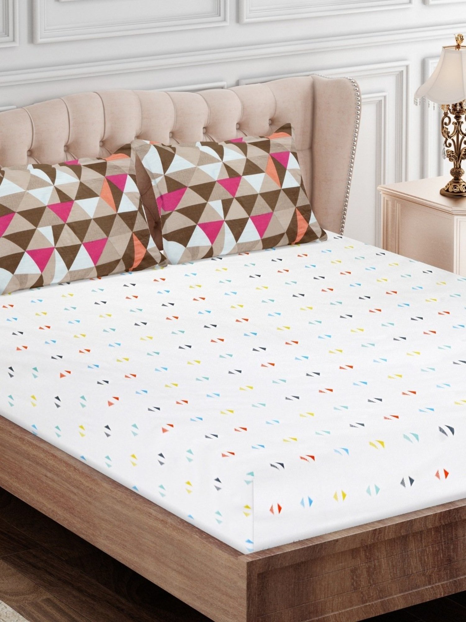 SEJ by Nisha Gupta Geometric Brown 160 TC Cotton King Bed Sheet with 2 Pillow Covers