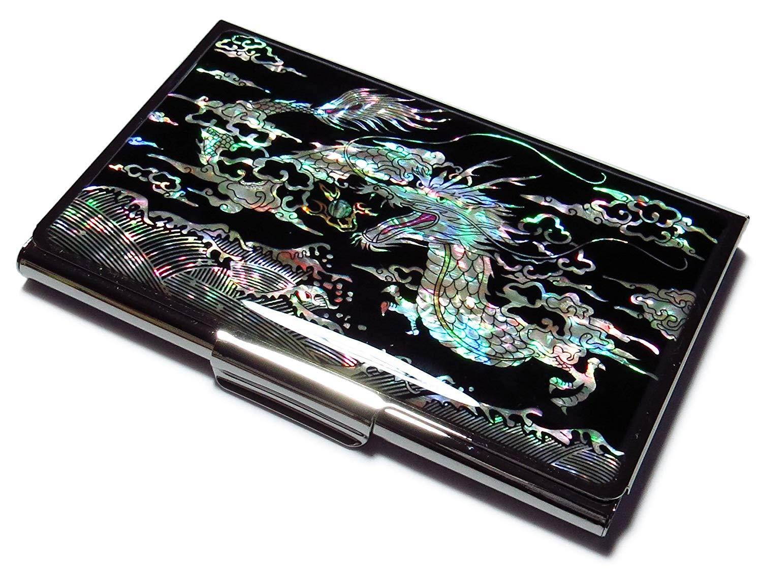 Dragon Black Business Credit Card Case Id Holder Metal Travel Wallet Mother of Pearl