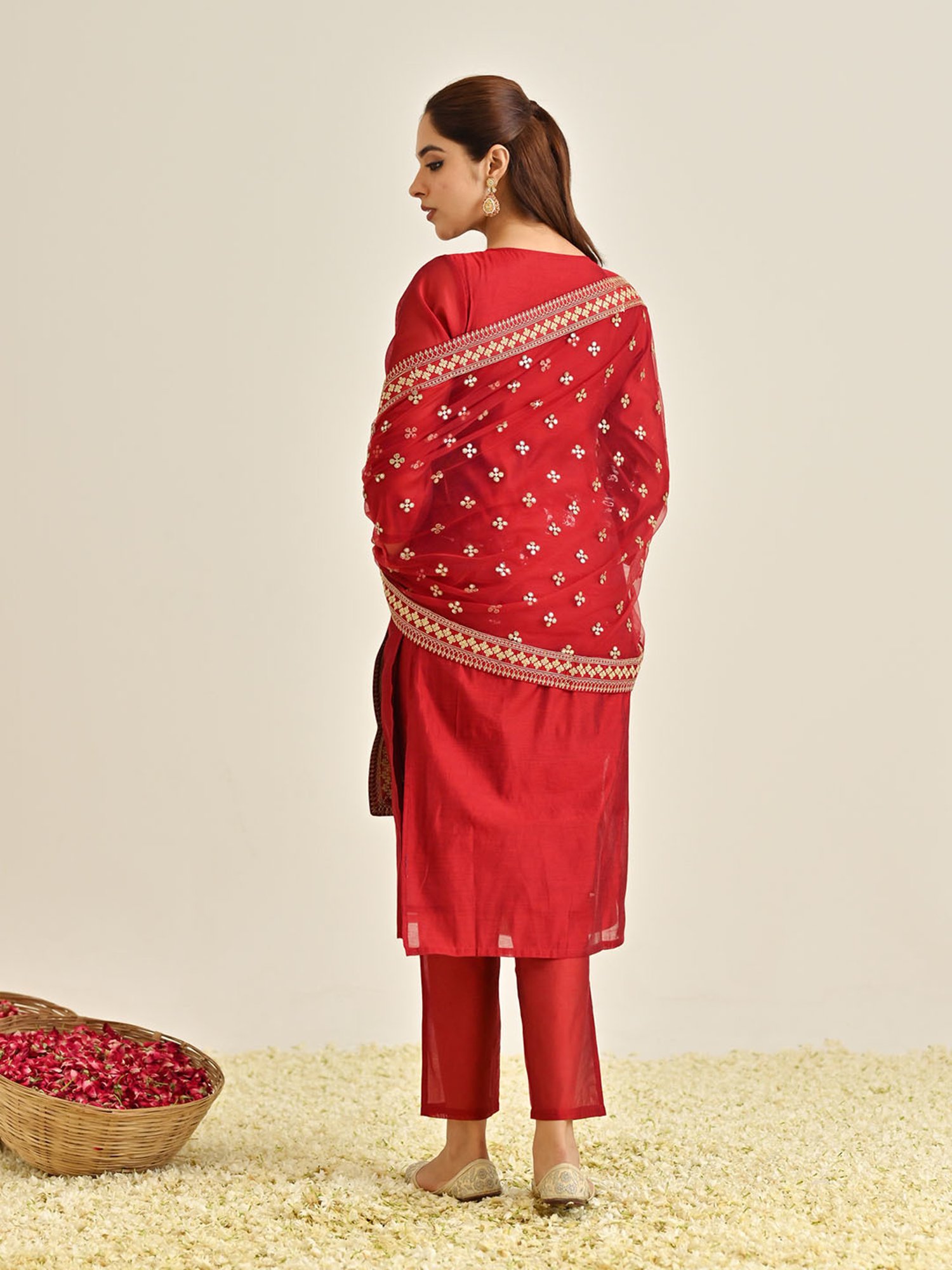 Rustorange Red Embroidered Kurta With Pant & Dupatta