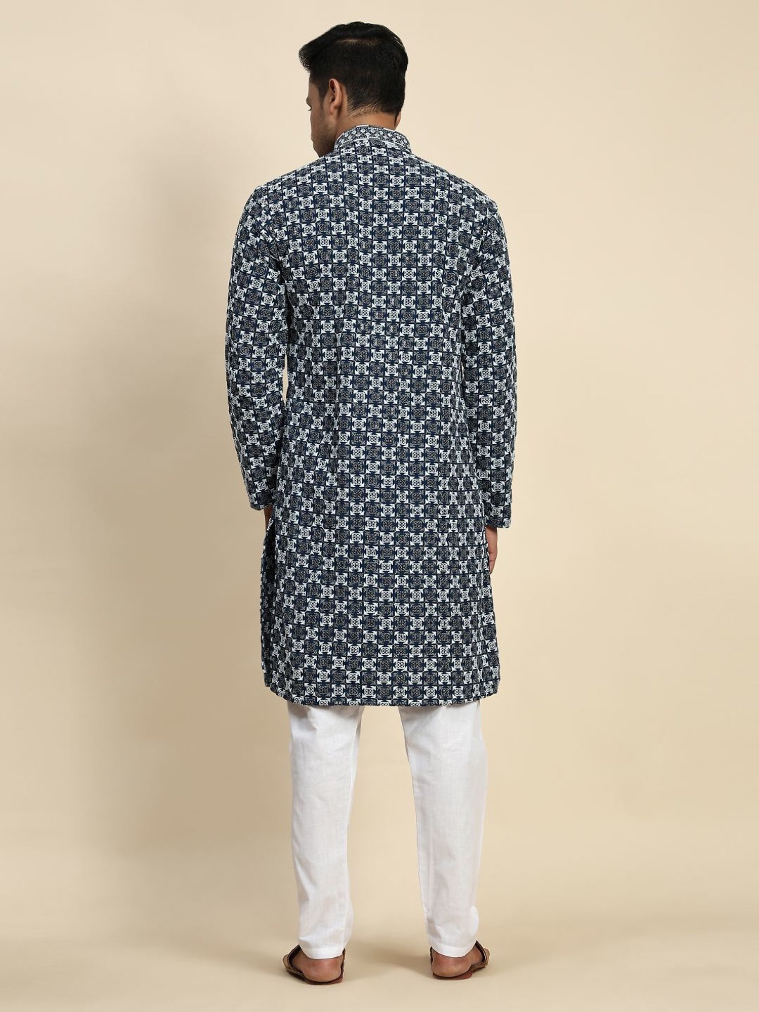 Pro-Ethic Style Developer Blue & White Cotton Regular Fit Embellished Kurta Bottom Set