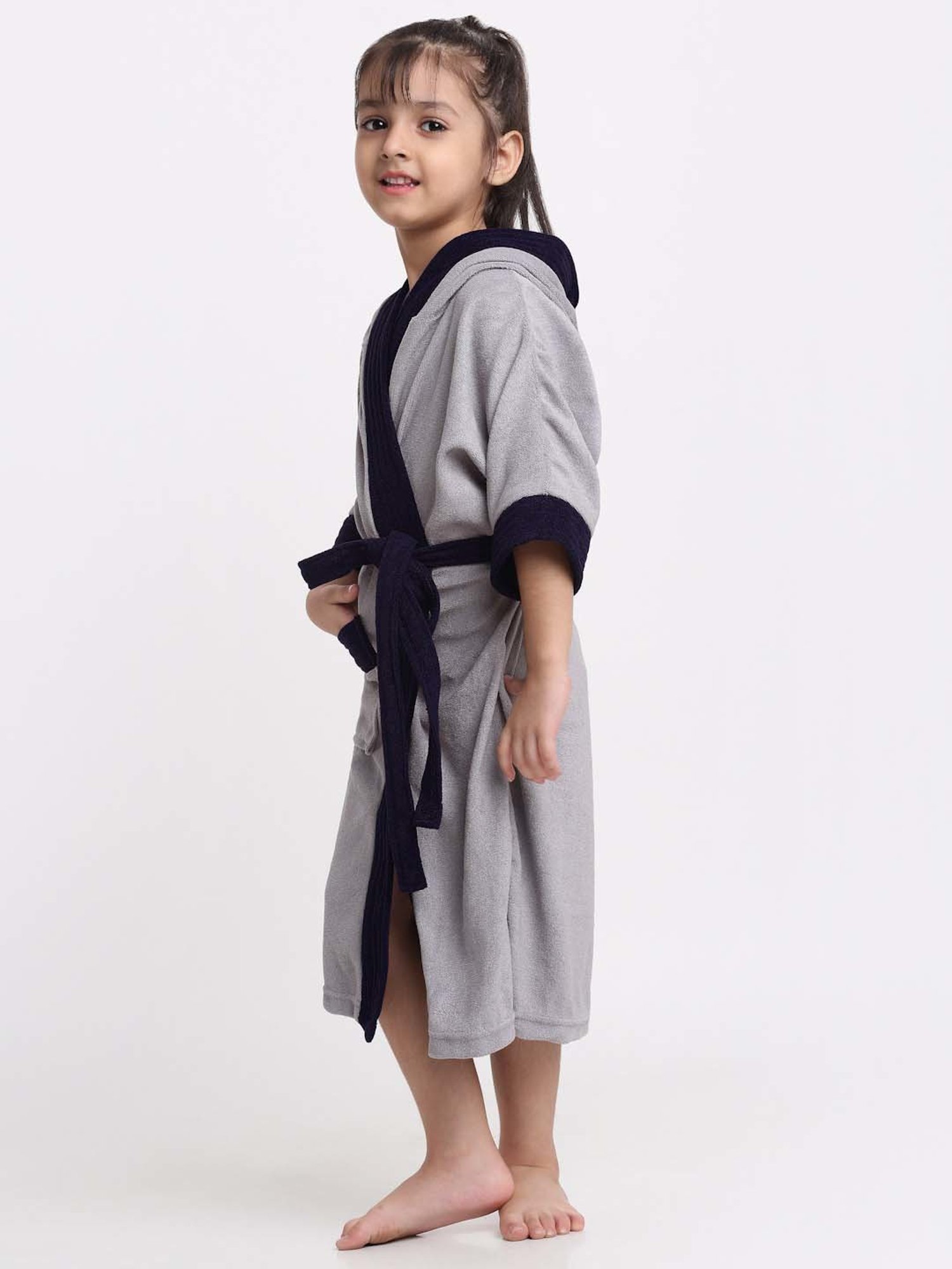 Creeva Melodious Grey & Navy Micro Terry 225 GSM Kids Hooded Bathrobe 6-7 Years With Pocket