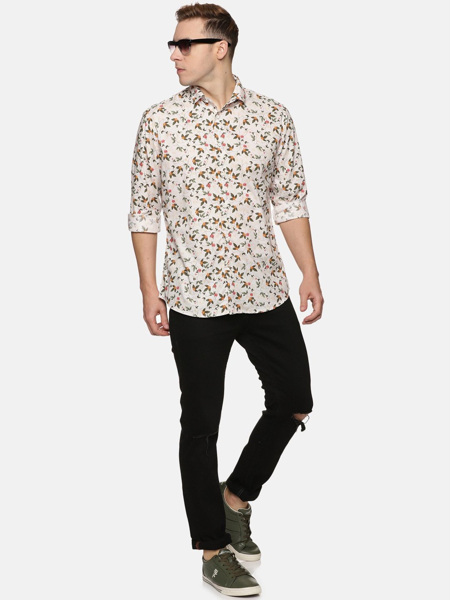 Don Vino Cream Slim Fit Printed Shirt