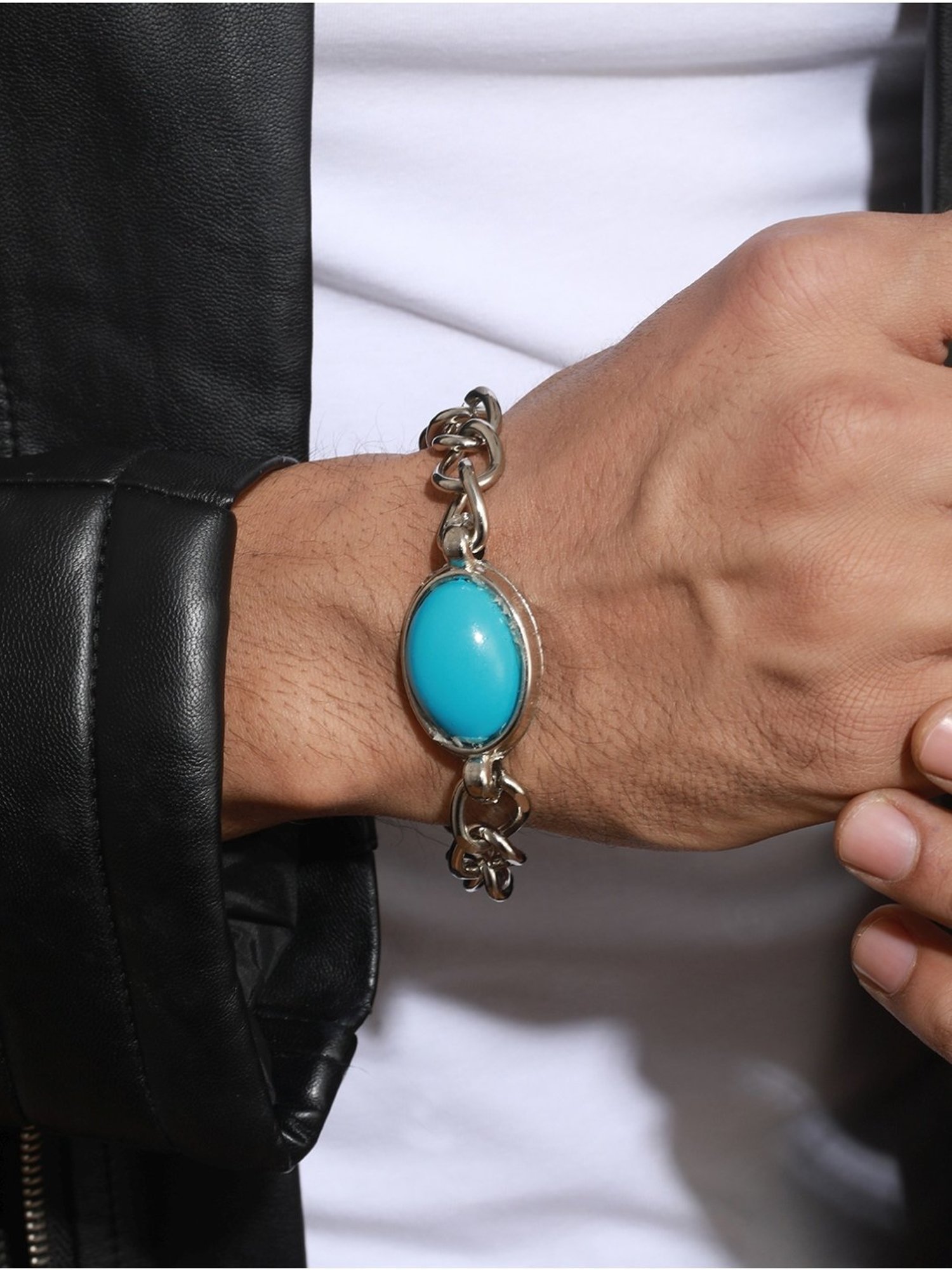 Bold by Priyaasi Blue Turquoise Look Silver-Plated Link Chain Bracelet