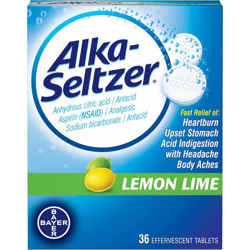 Alka Seltzer Antacid & Pain Relief Lemon Lime Tablets -Aspirin (NSAID)-36ct