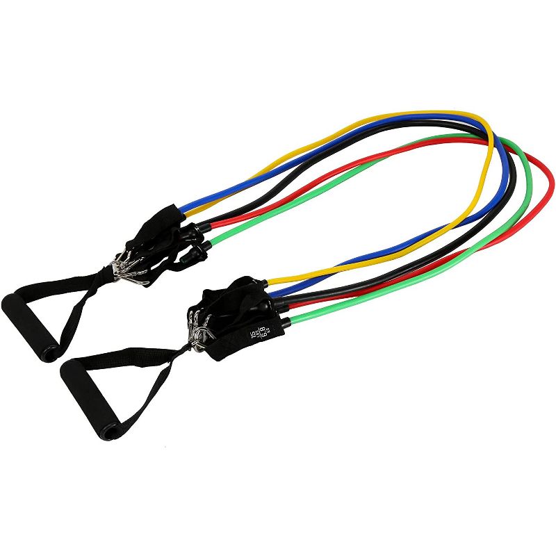 HolaHatha Resistance Band Workout Set Up to 110 Pounds Max with 5 Bands, 2 Padded Handles, 2 Ankle Straps, Door Anchors and Carry Bag