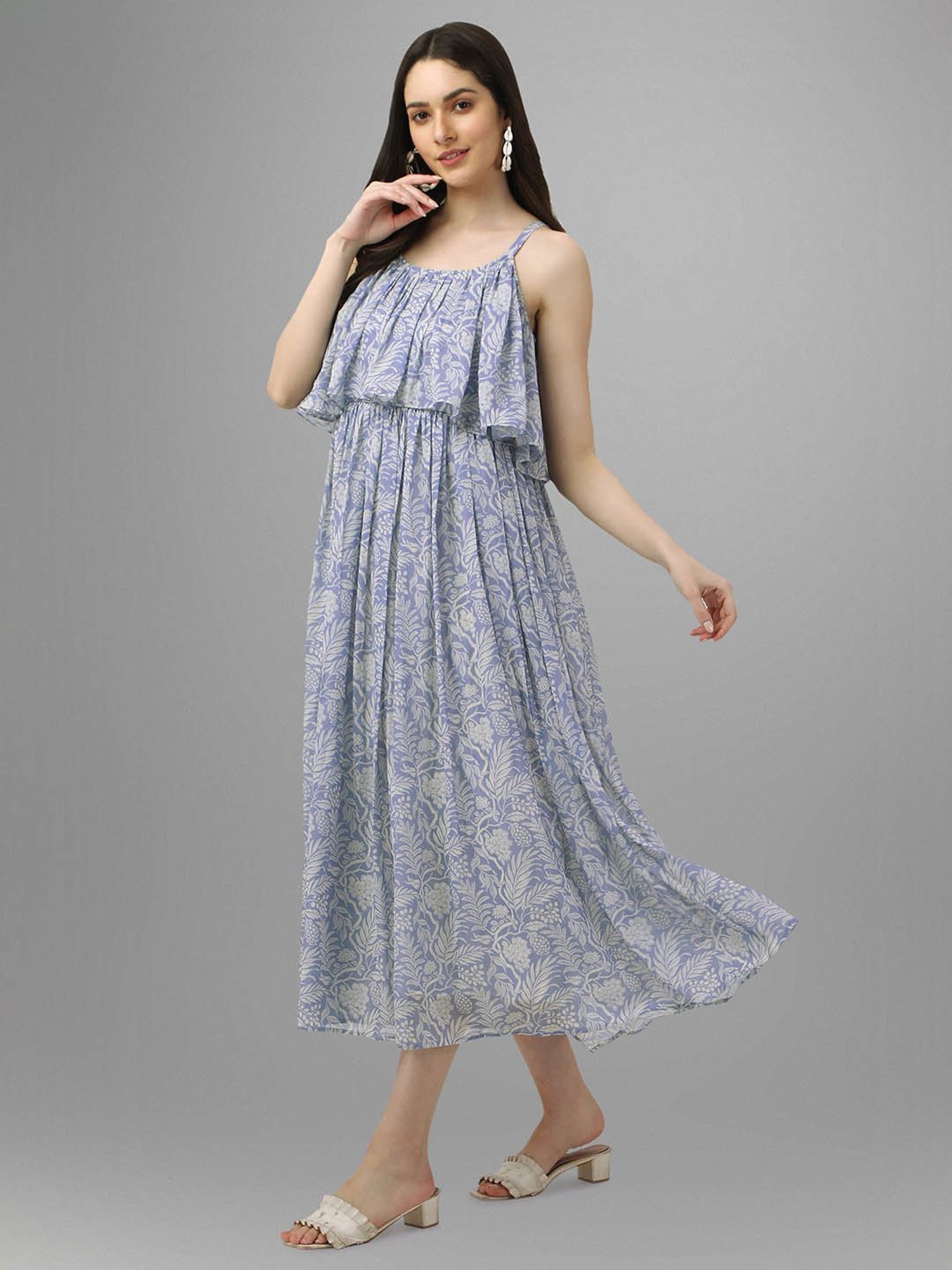 MASAKALI.CO Powder Blue Floral Print Midi Dress