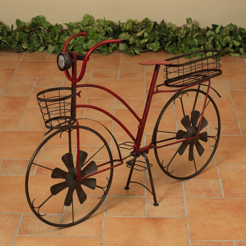 Gerson International 37-Inch Long Solar-Powered Metal Antique-Style Bicycle Plant Stand with Wind Spinner Spokes