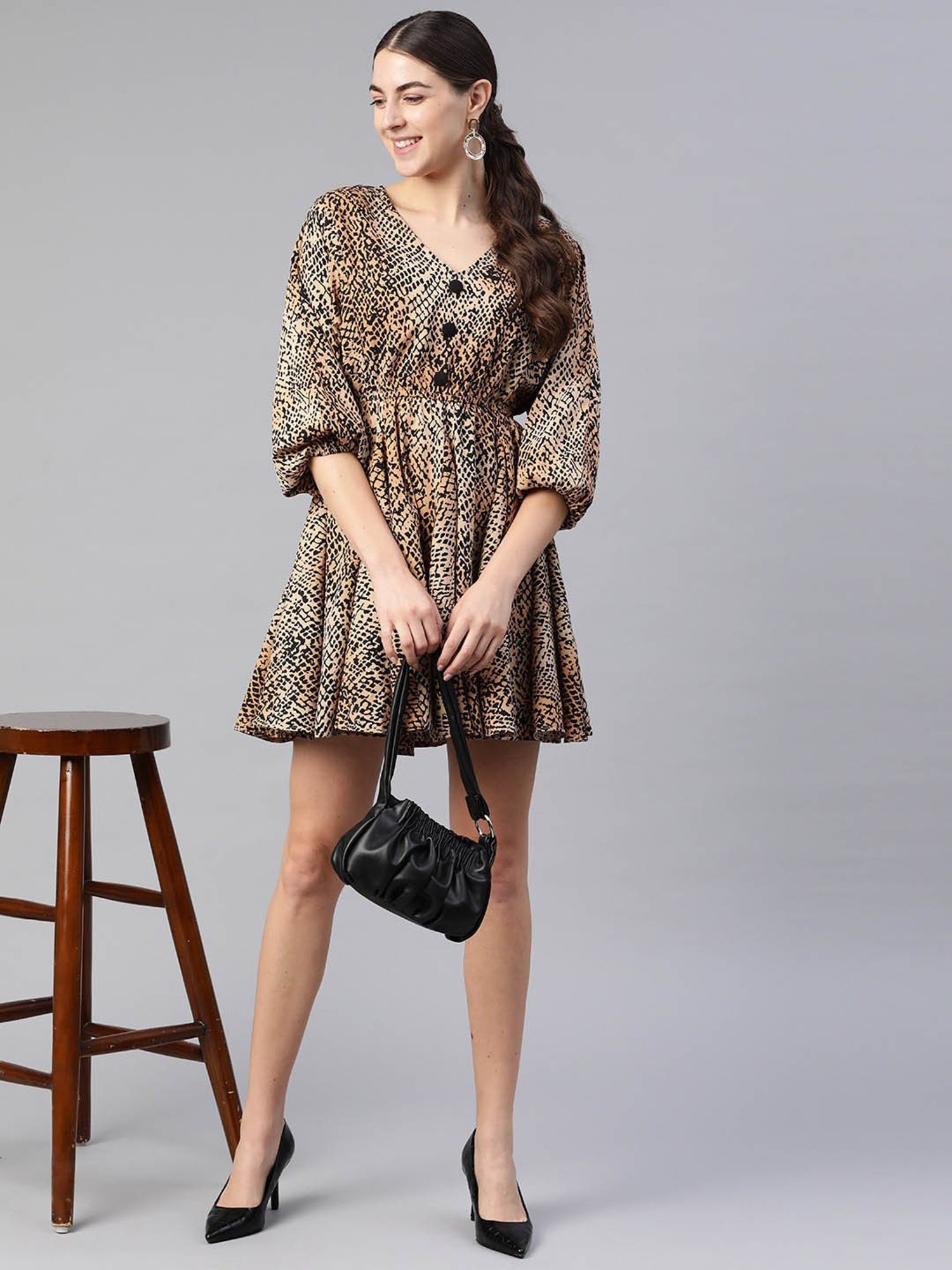 KASSUALLY Beige Animal Print Fit & Flare Dress