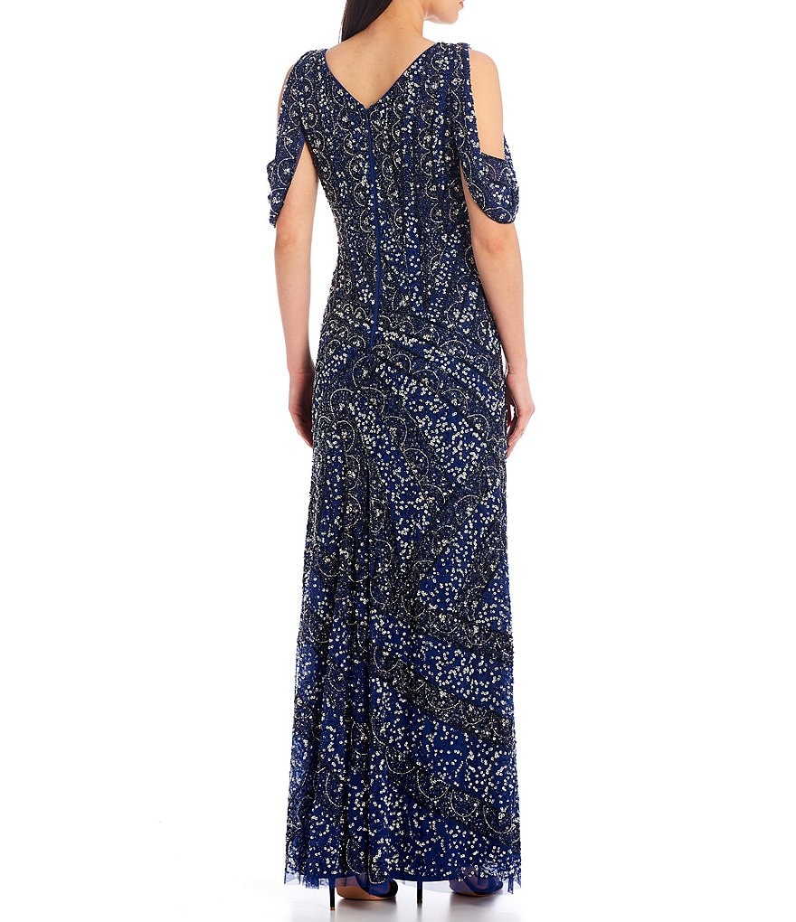 Aidan Mattox V-Neck Beaded Cold Shoulder Gown