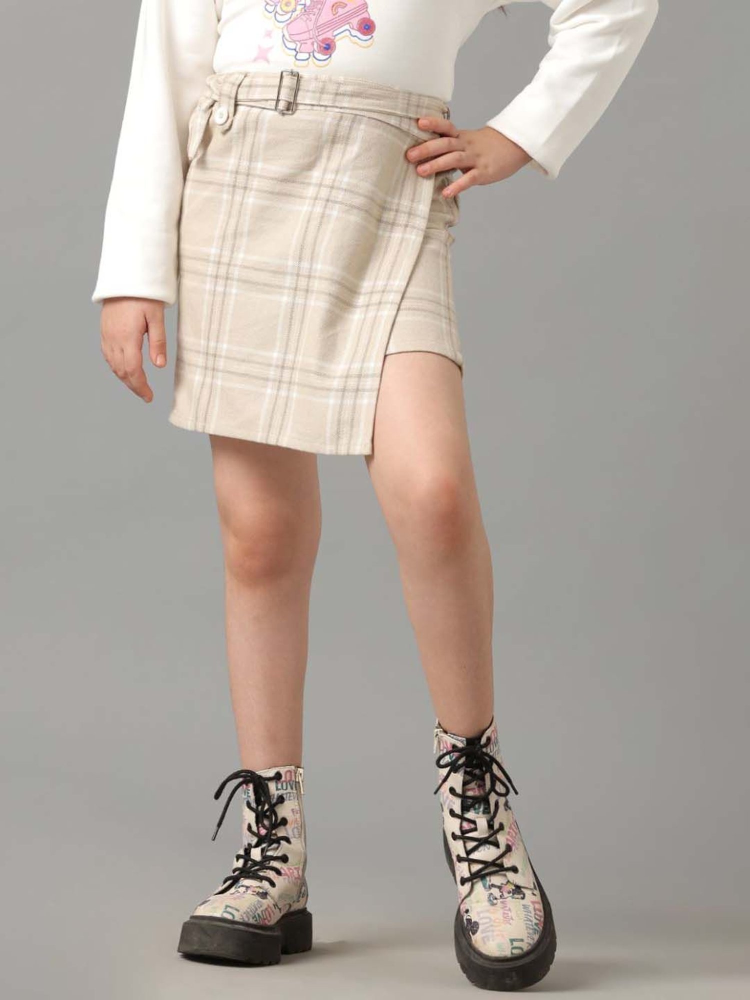 Under Fourteen Only Kids Beige Cotton Chequered Full Sleeves Skirt