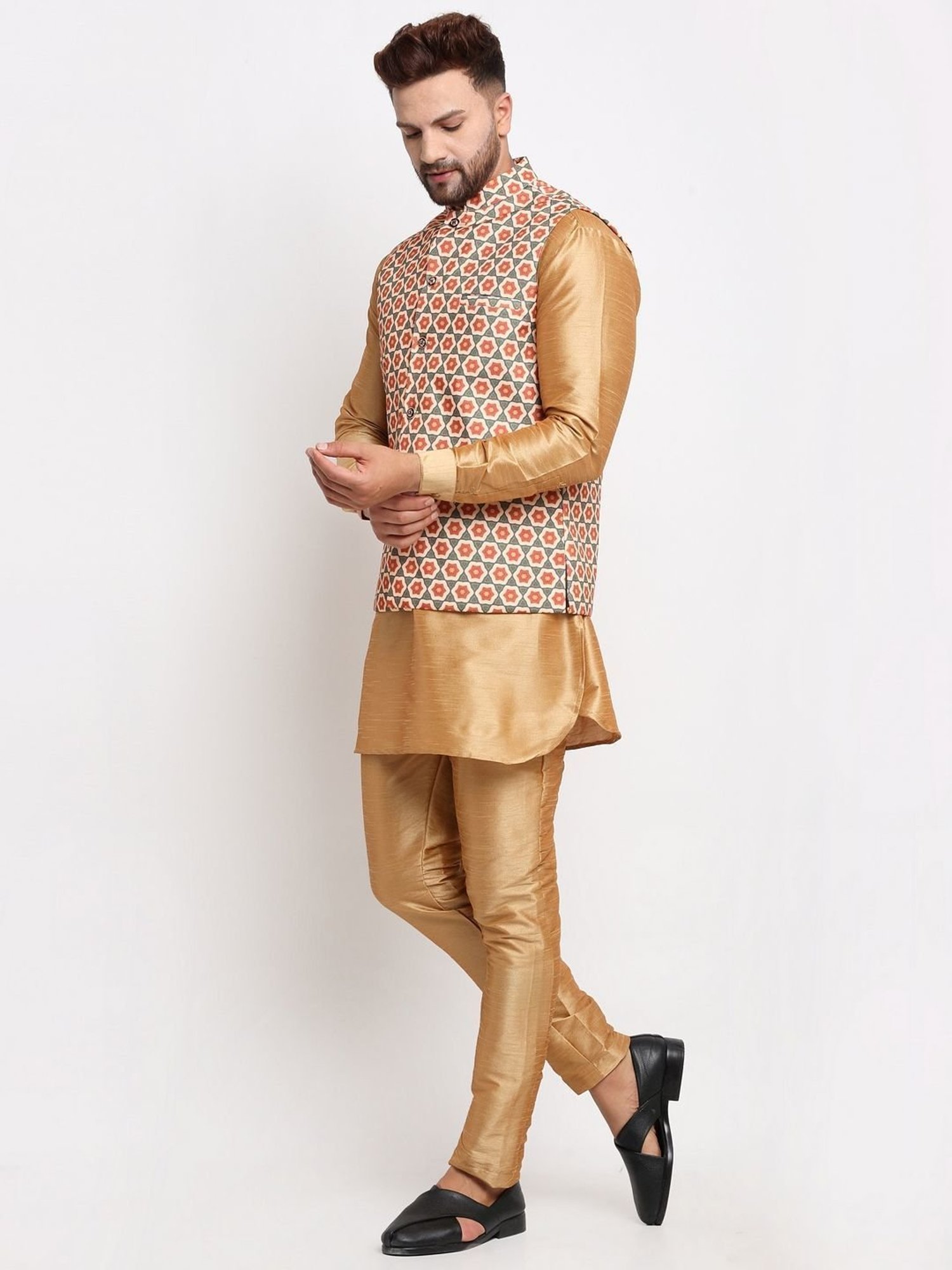 Benstoke Copper & Olive Green Regular Fit Geometric Kurta Set With Jacket