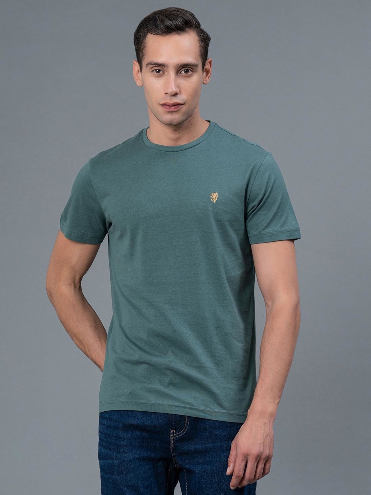 Red Tape Slate Green Regular Fit Cotton Crew T-Shirt