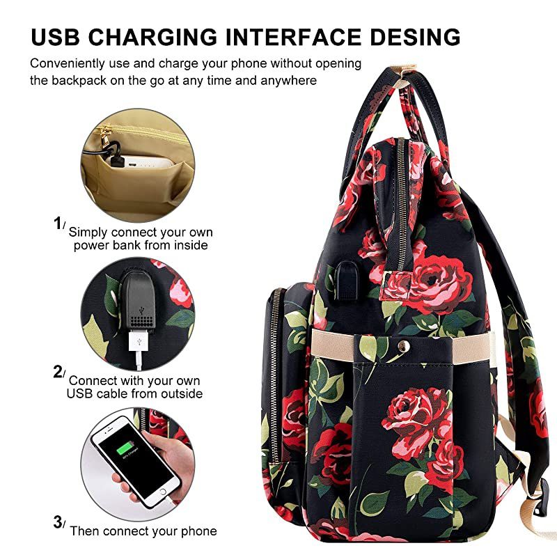 Backpack,15.6 Inch Stylish College School Backpack with USB Port Charging, Water Resistant Casual Daypack Backpack for Women/Girls/Business/Travel (Flower3)