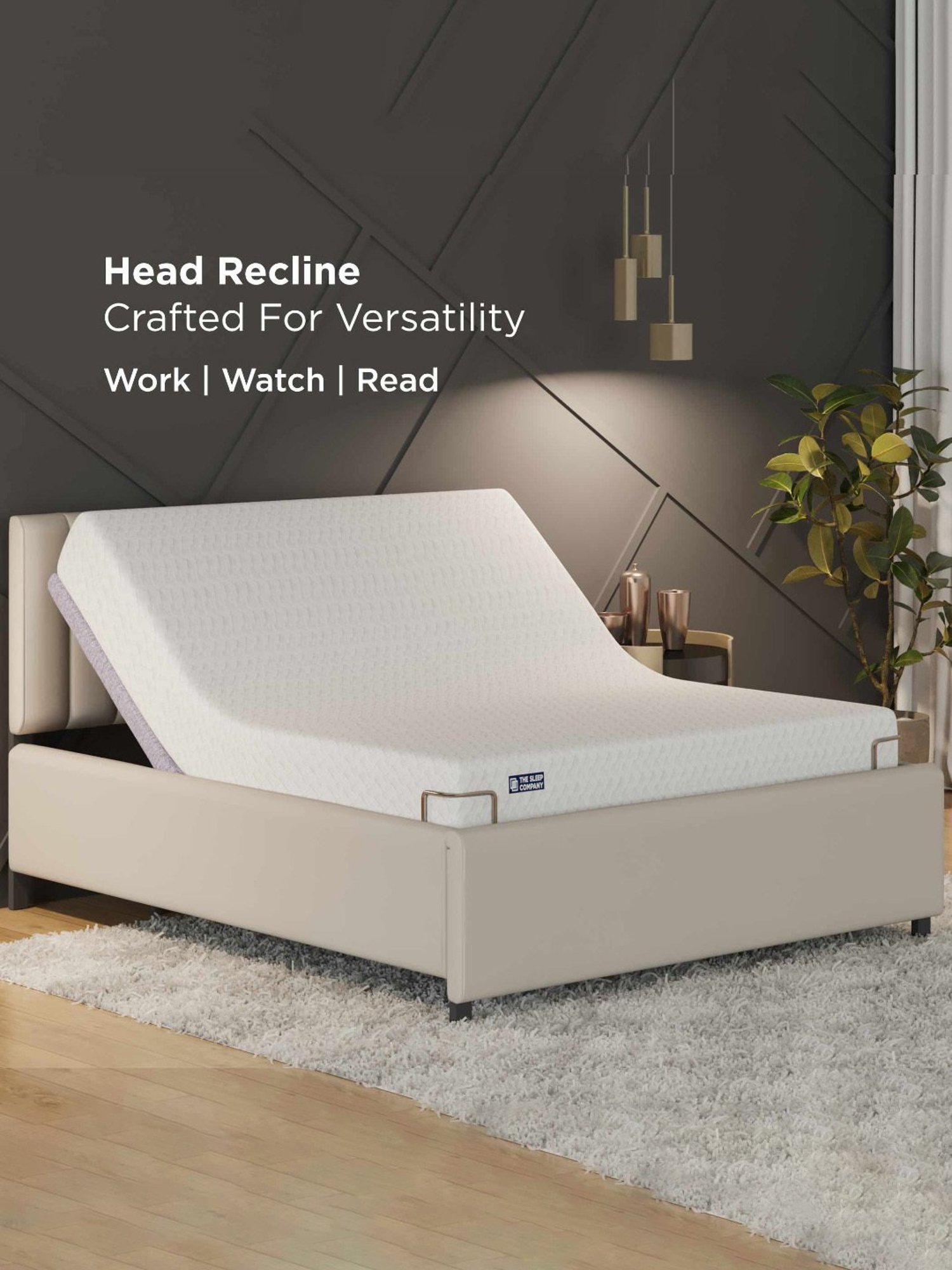 The Sleep Company Elev8 Italia Beige Smart Adjustable Queen Bed Frame with Ortho 8 inch Mattress