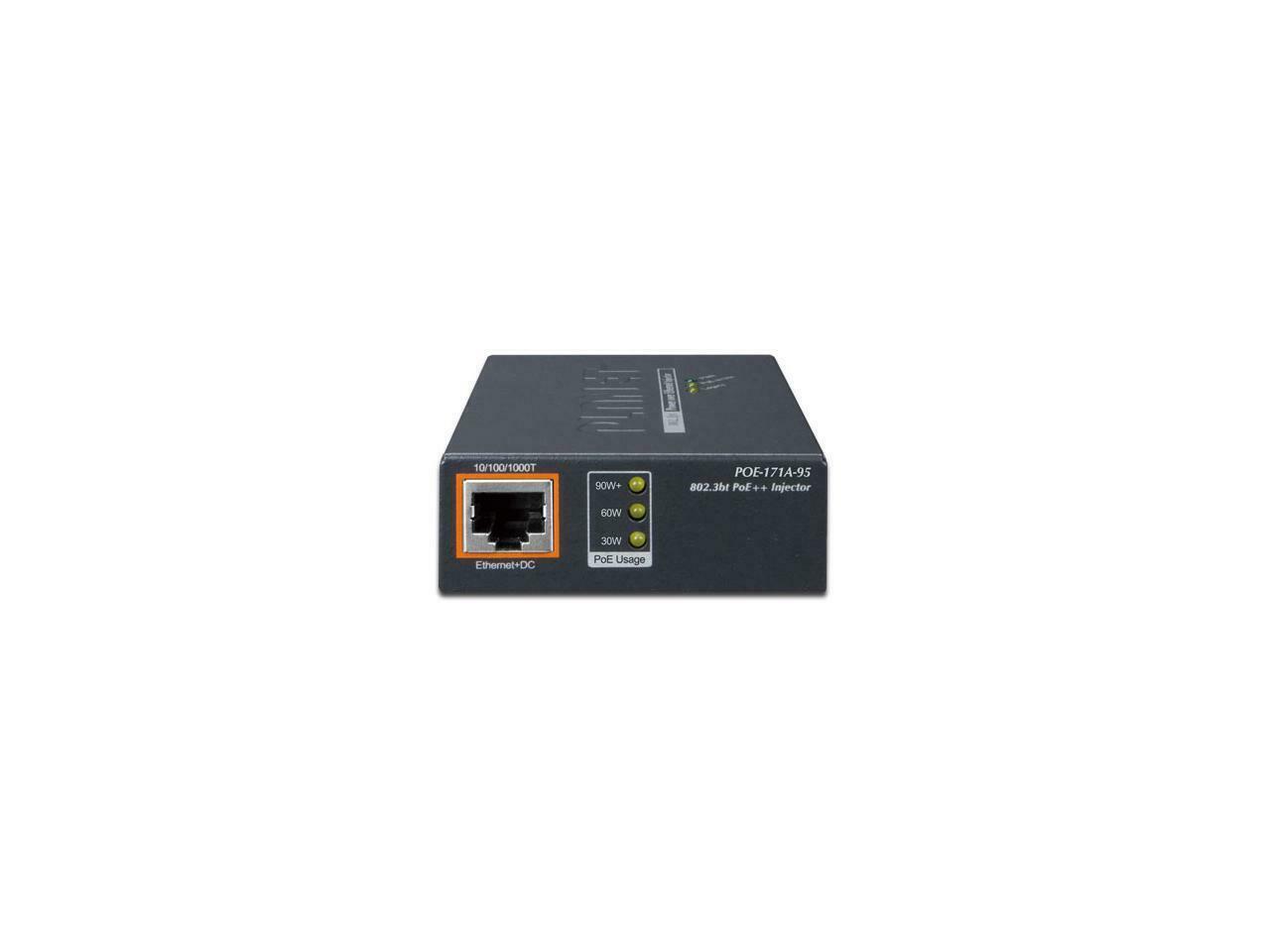Planet POE-171A-95 Single-Port 10/100/1000Mbps 802.3bt Ultra PoE Injector (95 Watts, PoH, Legacy mode support, PoE Usage LED) w/ external power adapter