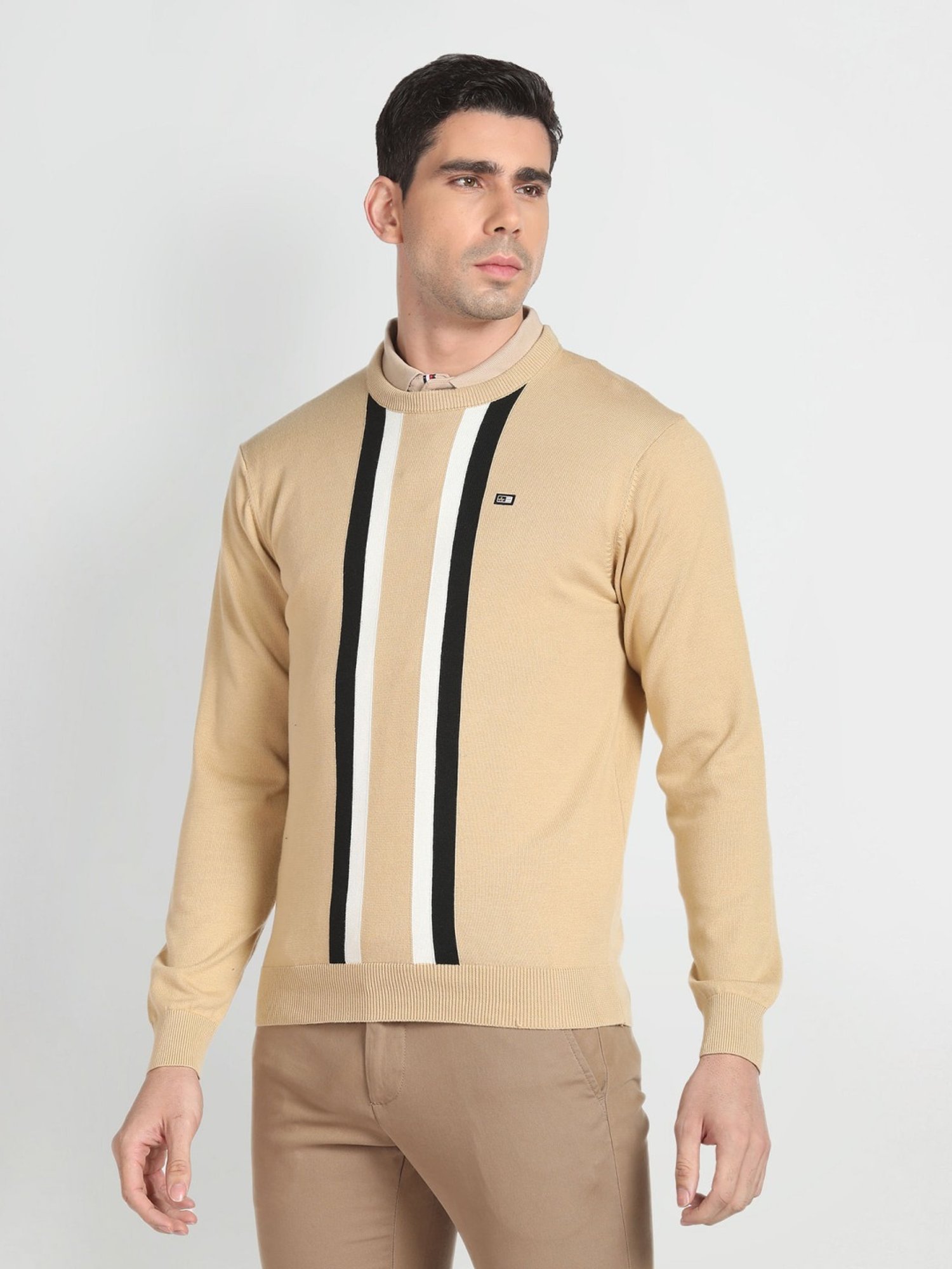 Arrow Sport Beige Cotton Regular Fit Striped Sweater
