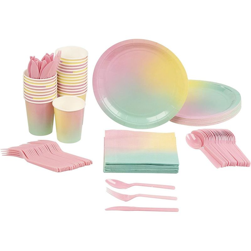 Blue Panda 144 Pieces Rainbow Pastel Party Bundle, Includes Plates, Napkins, Cups, and Cutlery (24 Guests)
