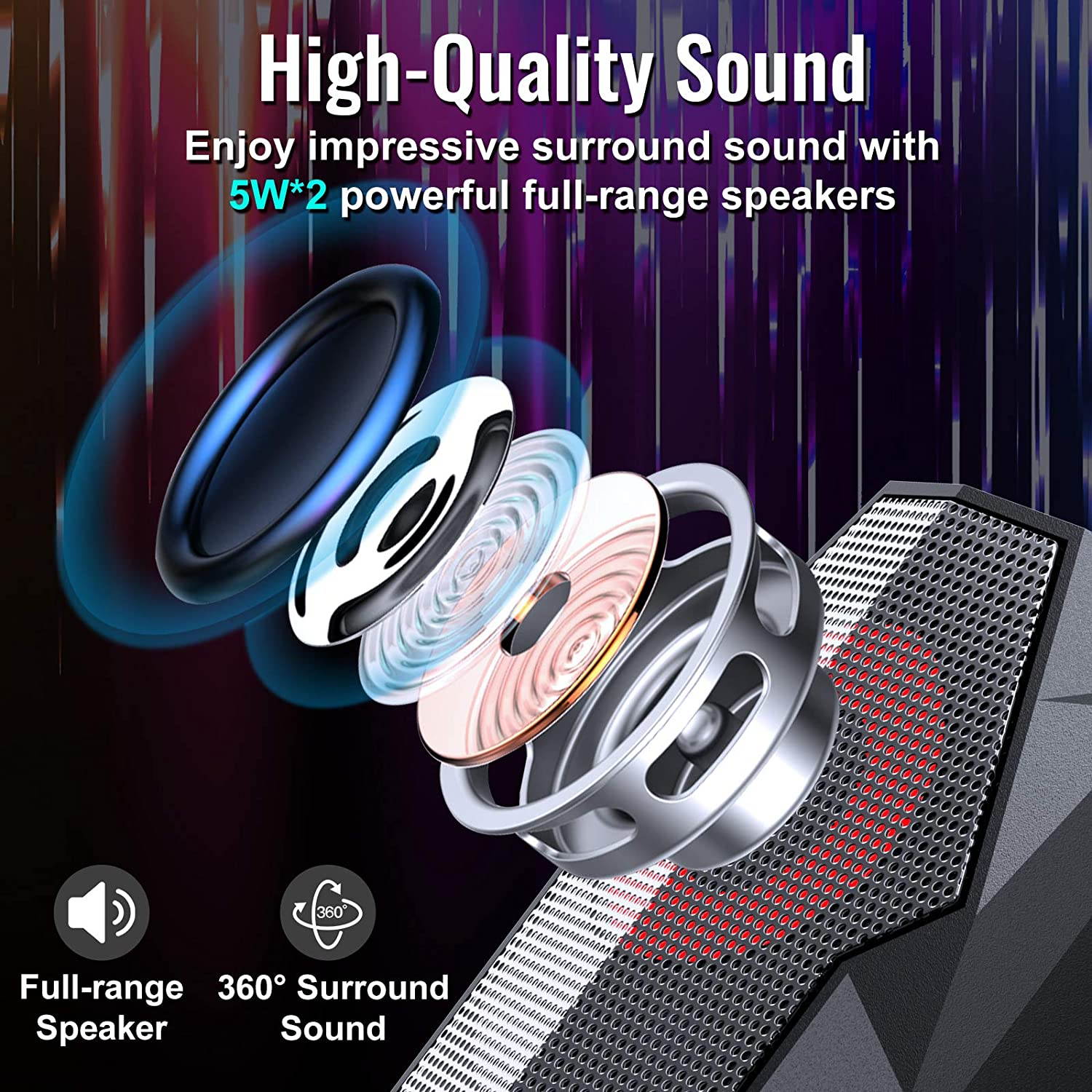 Computer Speakers 10W RGB Gaming PC Speaker with Enhanced Stereo Colorful LED Light, Dual-Channel Multimedia USB Powered Gaming Speakers for PC Desktop Laptop Tablet Smartphones.
