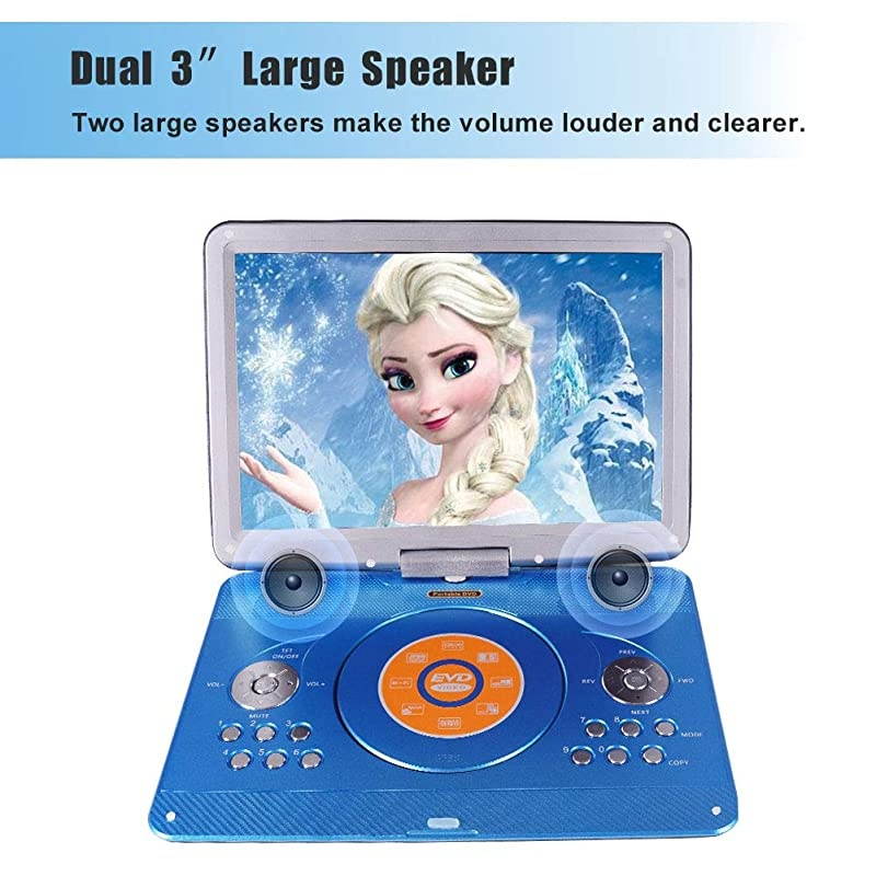 Portable DVD Player with 14.1" Large Swivel Screen, Car DVD Player Portable with 5 Hrs Rechargeable Battery, Mobile DVD Player for Kids, Sync TV, Support USB SD Card with Car Charger (Blue)