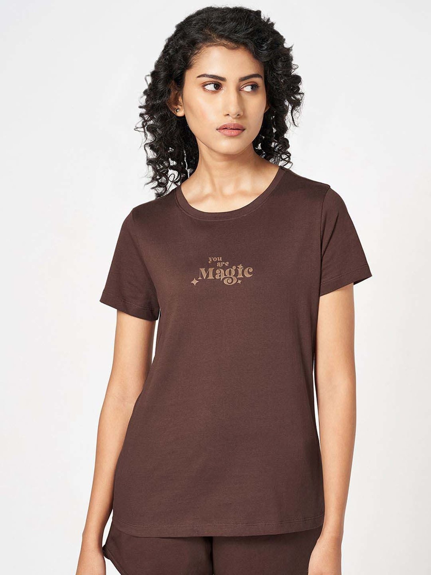 Ajile by Pantaloons Brown Cotton Printed T-Shirt