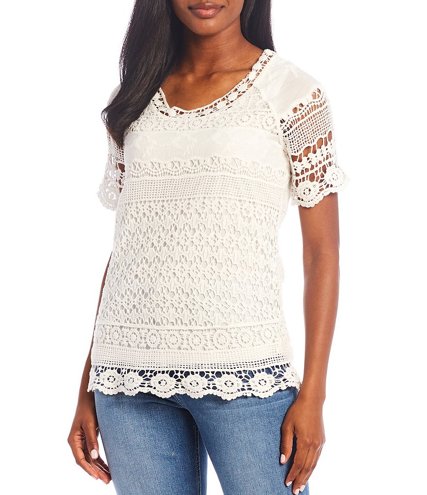 One World Apparel Lace Scoop Neck Short Sleeve Scalloped Trim Top