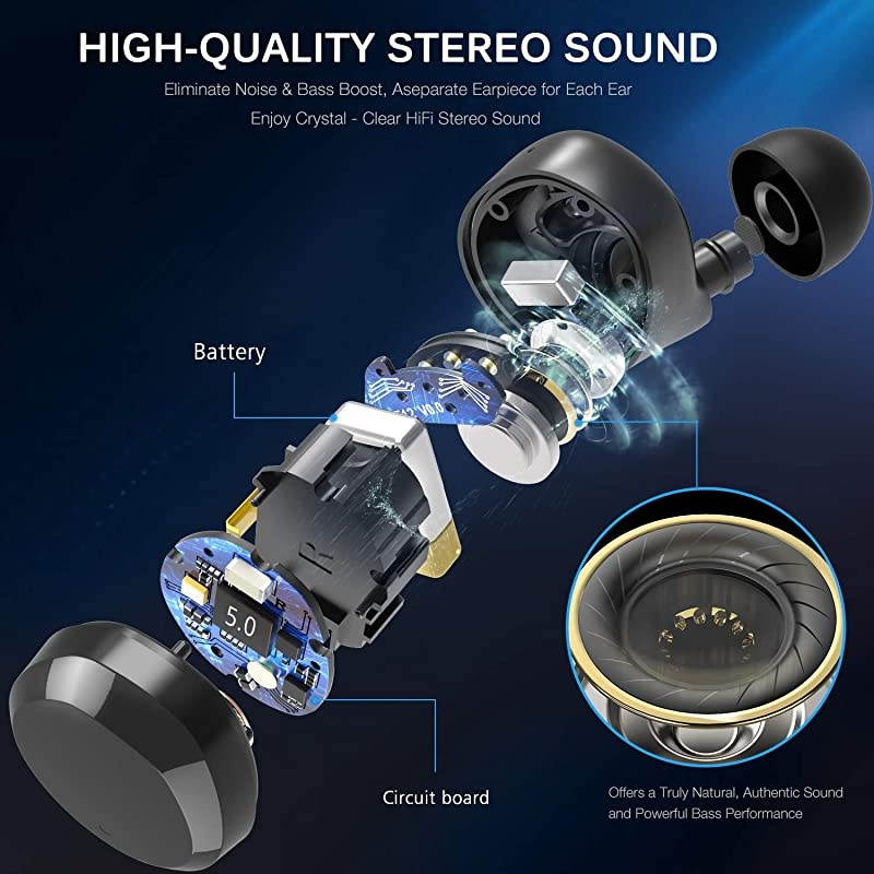 T12 Wireless Earbuds Bluetooth Headphones with Touch Control and Wireless Charging Case Digital Intelligence LED Display IPX8 Waterproof Earphones Builtin Mic Headset Deep Bass for Sport Black