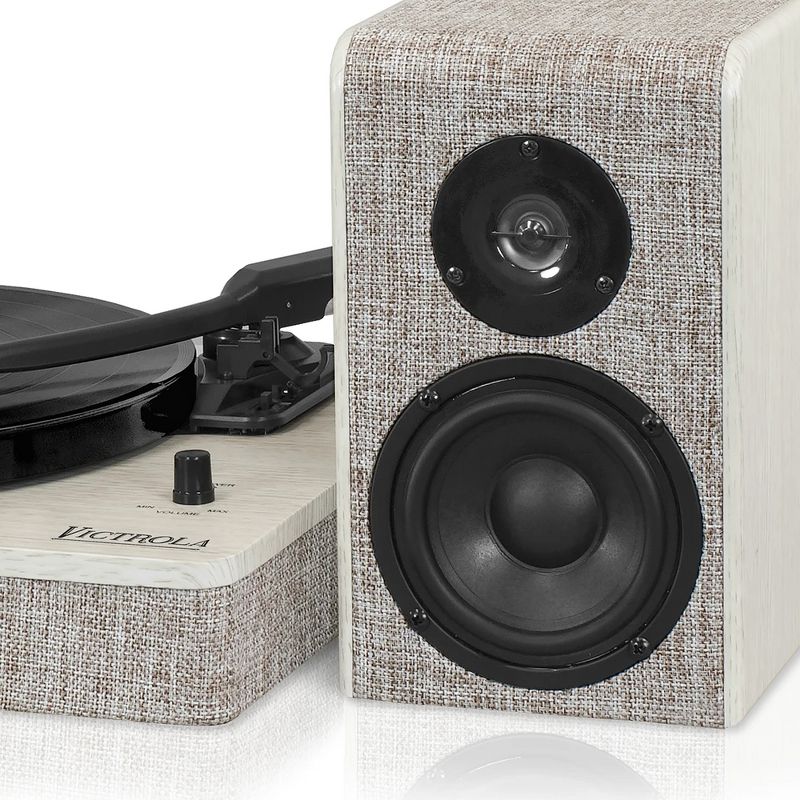 Victrola Modern 3-Speed Bluetooth Record Player Turntable with 50 Watt Speakers, Wrapped Linen Fabric, White Wood