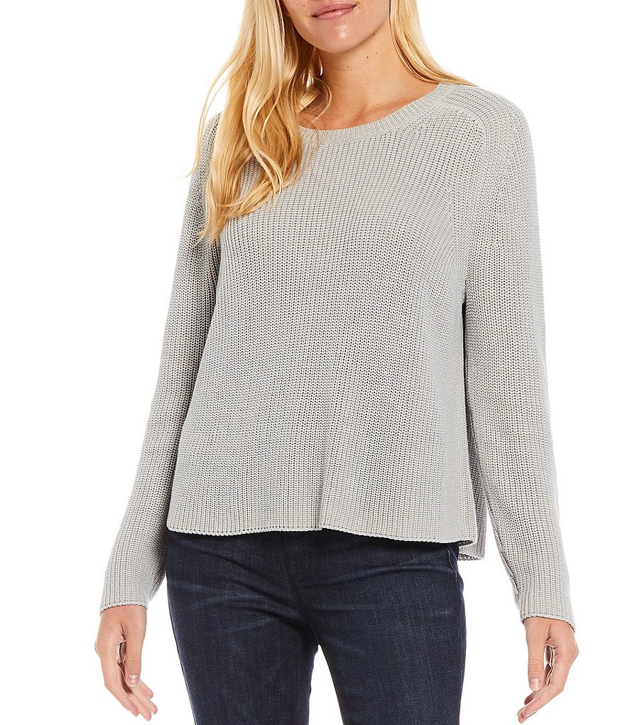 Eileen Fisher Peruvian Organic Cotton & Tencel Crew Neck Saddle Stitch Shoulder Boxy Sweater