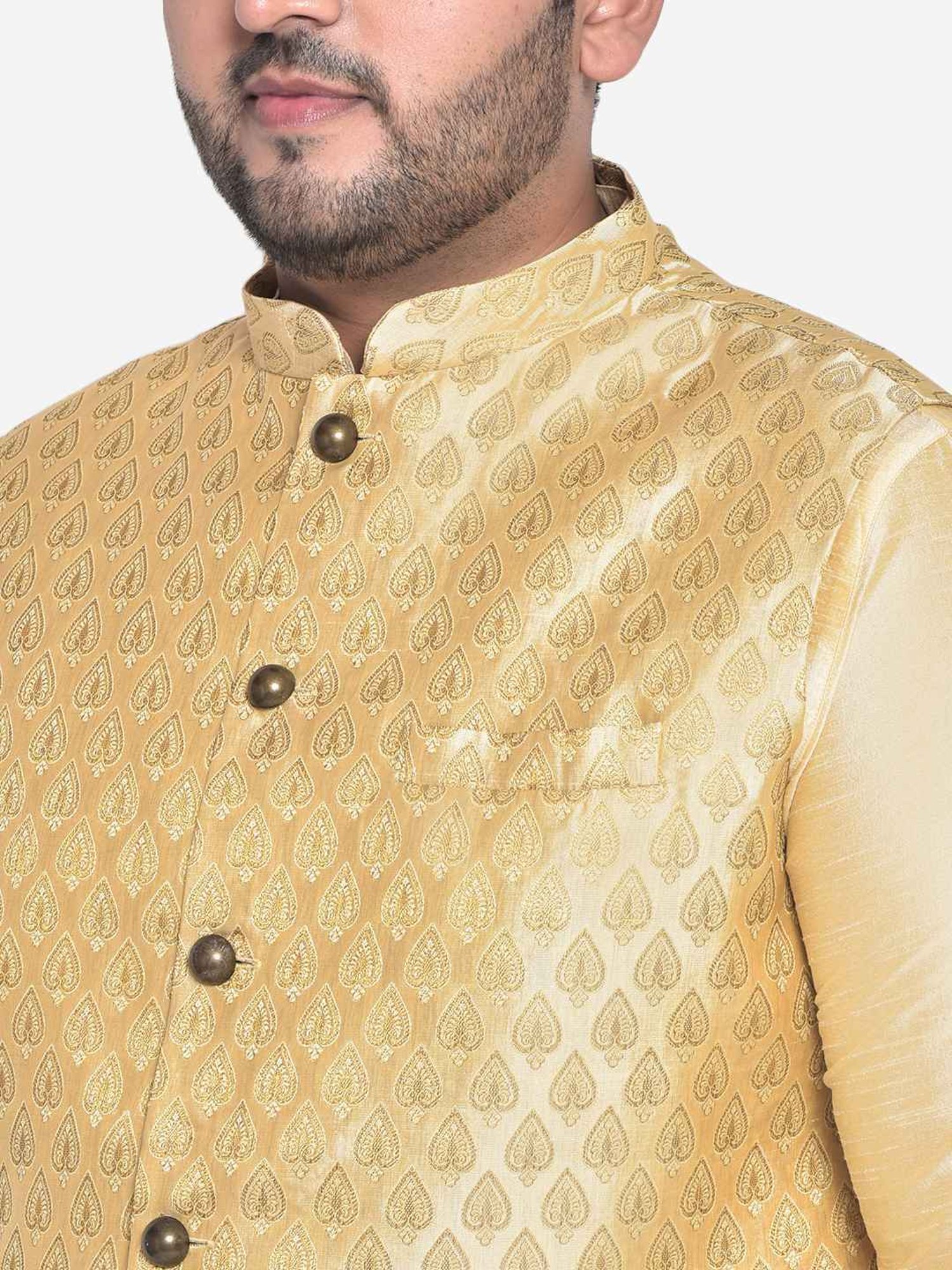 KISAH PLUS Beige Regular Fit Jacquard Kurta Set With Jacket