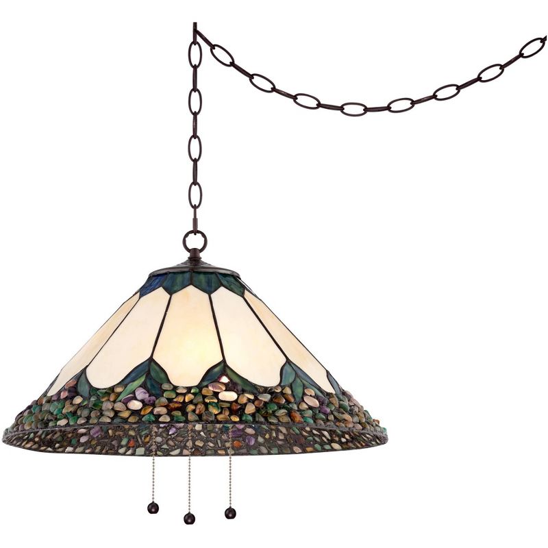 Robert Louis Tiffany Bronze Plug In Swag Pendant Chandelier 20 3/4" Wide River Stone Art Glass Fixture Dining Room House Kitchen
