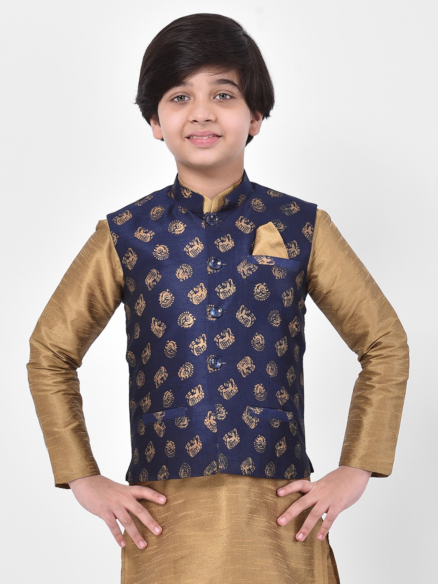 Deyann Kids Navy Embroidered Nehru Jacket