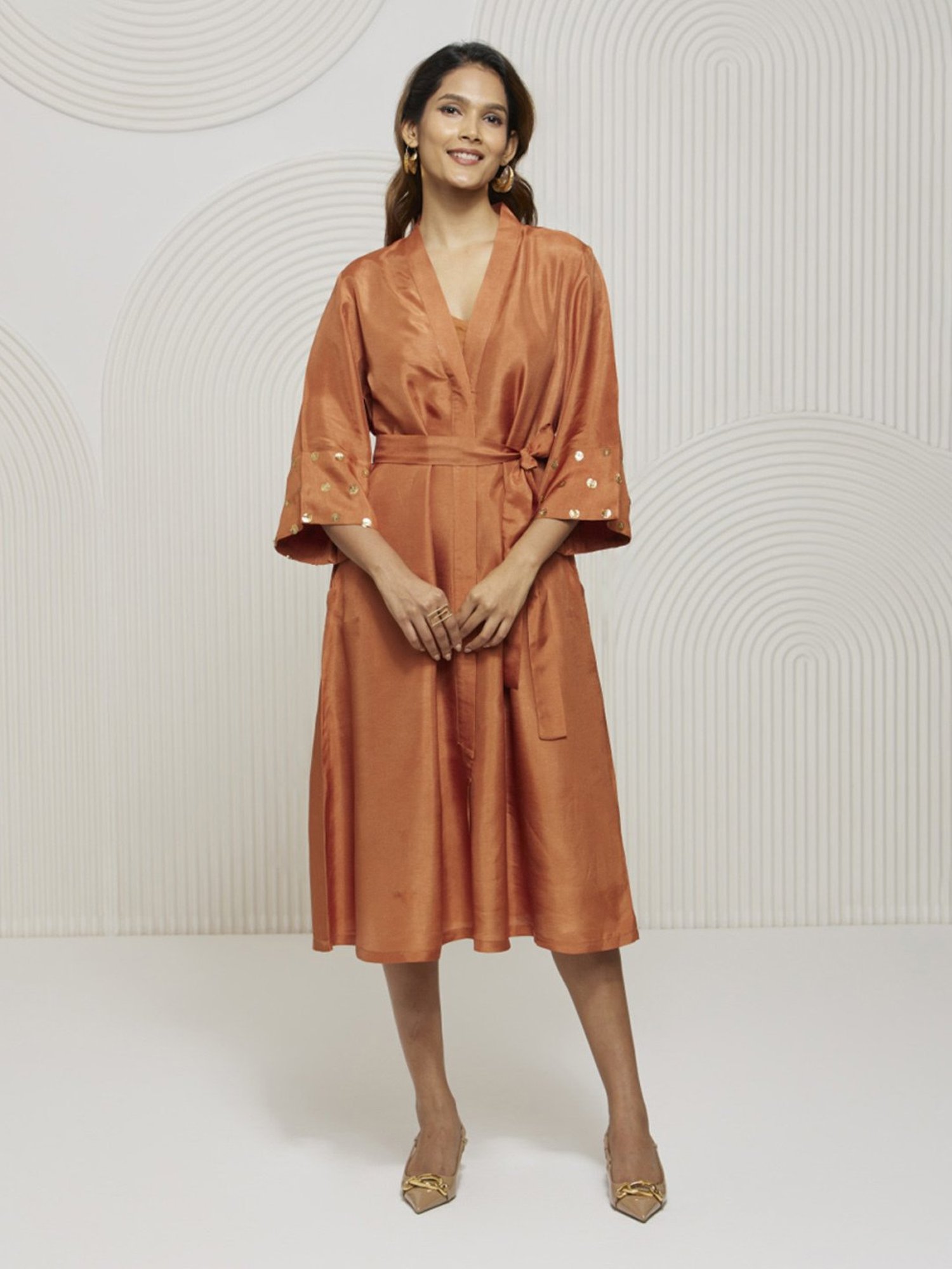 Artagai Gold Flame Shirt Dress with Tie-Up and Embellished Sleeve