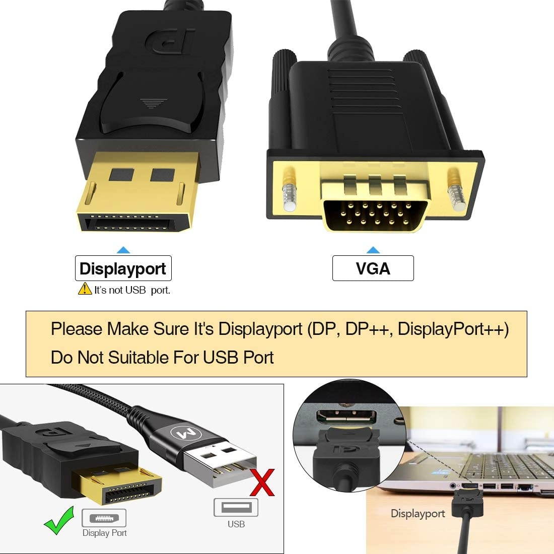 DisplayPort to VGA FOBOIU DisplayPort to VGA Adapter 3 Feet Display Port to VGA Connects DP Port from Desktop or Laptop to Monitor or Projector with VGA Port