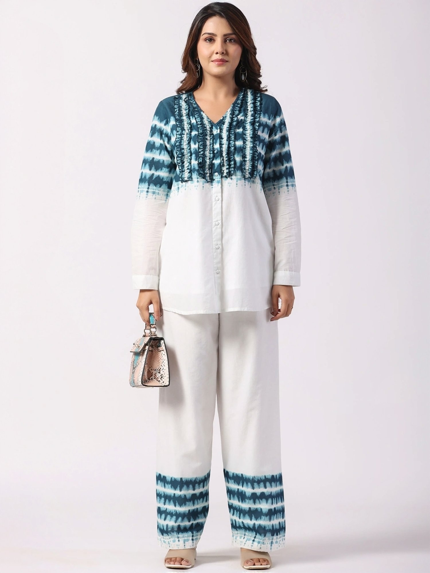 Zolo Label White Cotton Printed Shirt Palazzo Set