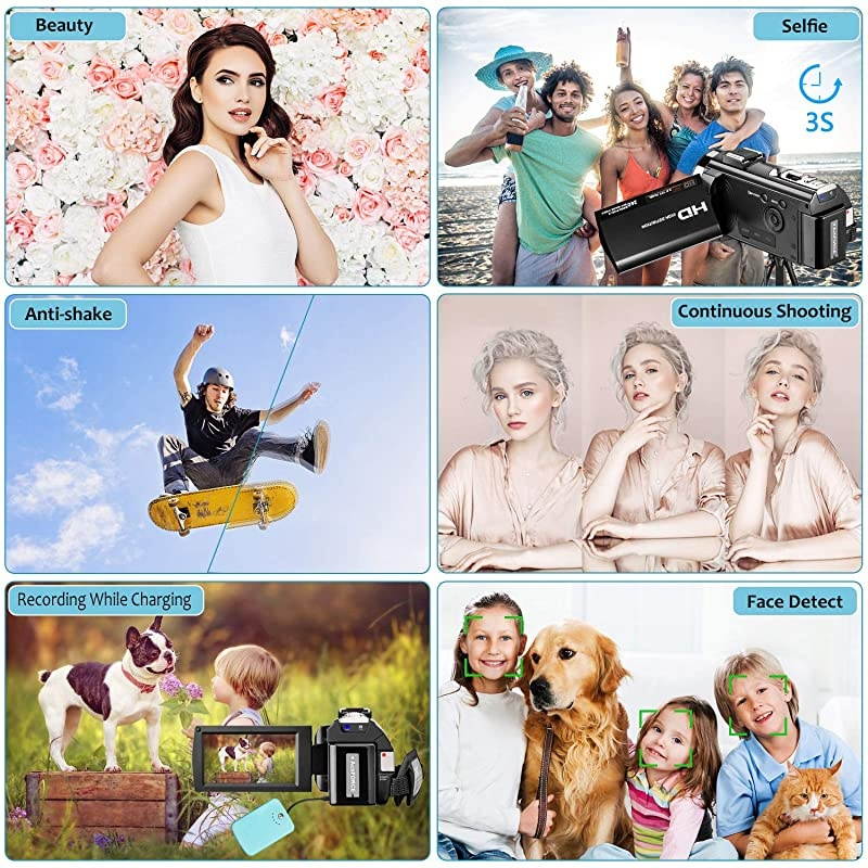 Camera Full HD 1080P 30FPS 24MP YouTube Camera Camcorder 3.0 Inch 270&deg; Rotation IPS Screen 16X Digital Zoom Vlogging Camera with Microphone, Remote, Lens Hood, 2 Batteries