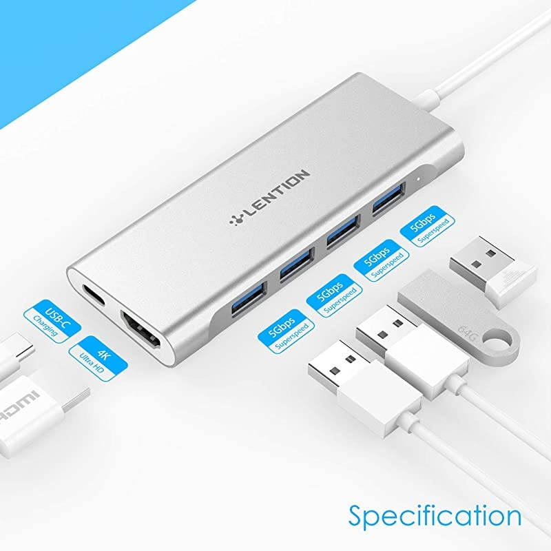 USBC MultiPort Hub with 4K HDMI Output 4 USB 30 Type C Charging Adapter Compatible 20202016 MacBook Pro 131516 New Mac Air Surface Chromebook More CBC35 Silver
