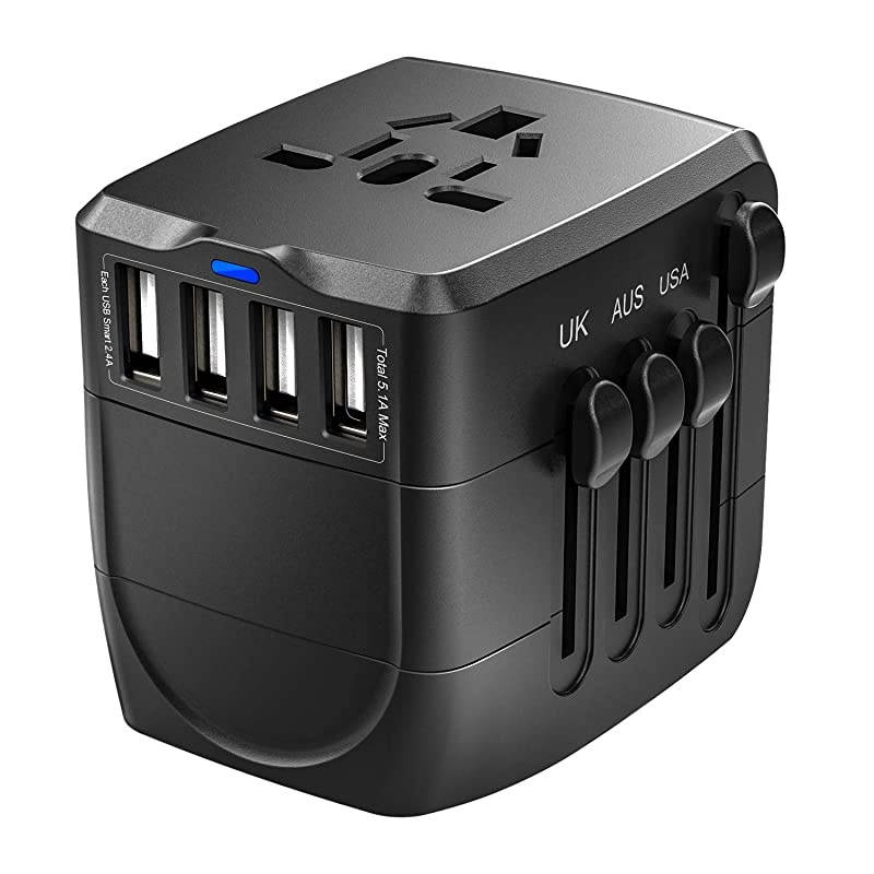 Adapter, 2400W International Power Adapter, Universal Adapter with 4 USB Ports, Perfect for UK, EU, AU, US, Over 150 Countries (Black)