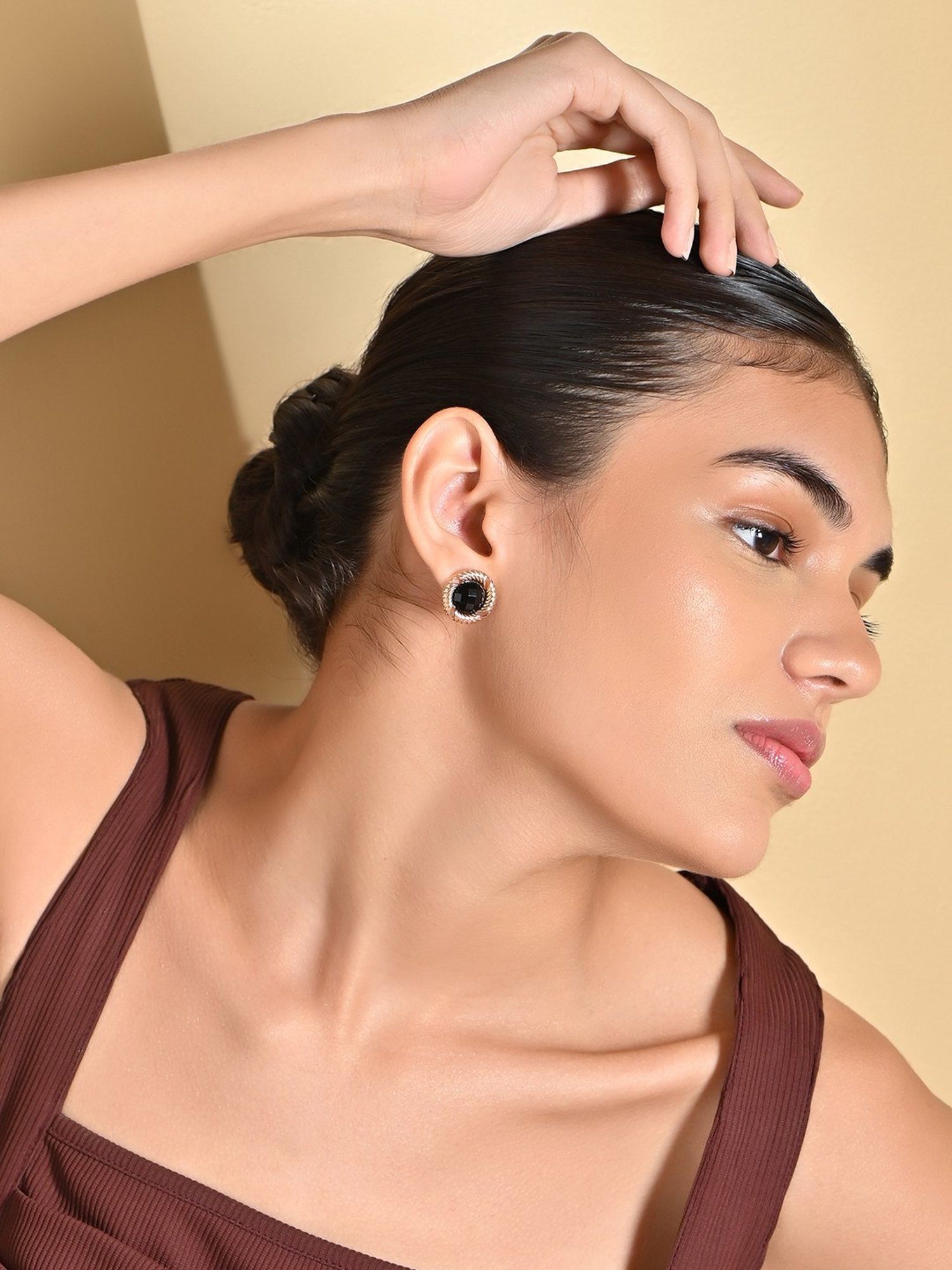 ToniQ Gold & Black Party Stud Earrings for Women