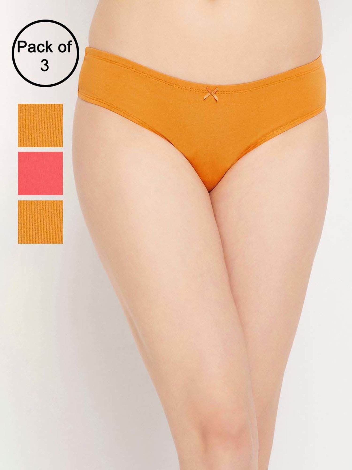 Clovia Pink & Yellow Cotton Plain Hipster Panty - Pack Of 3