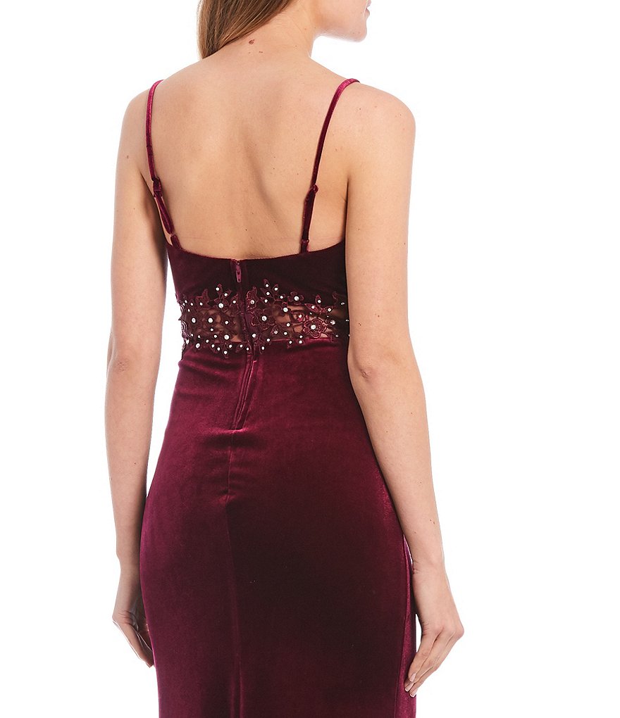 City Vibe Spaghetti Strap Floral Embroidered Waist Velvet Sheath Long Dress